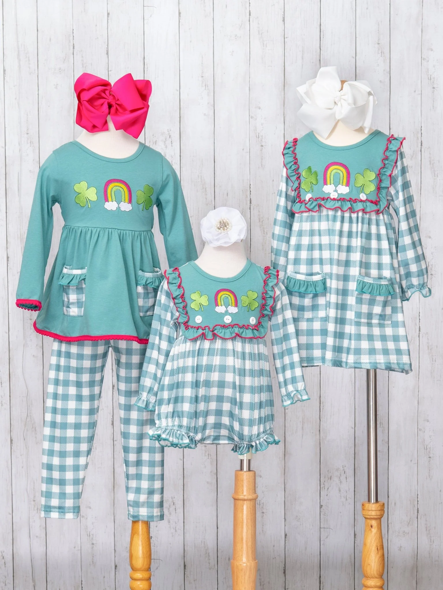 Rainbow Clover Field Gingham Bubble Romper - Image 3