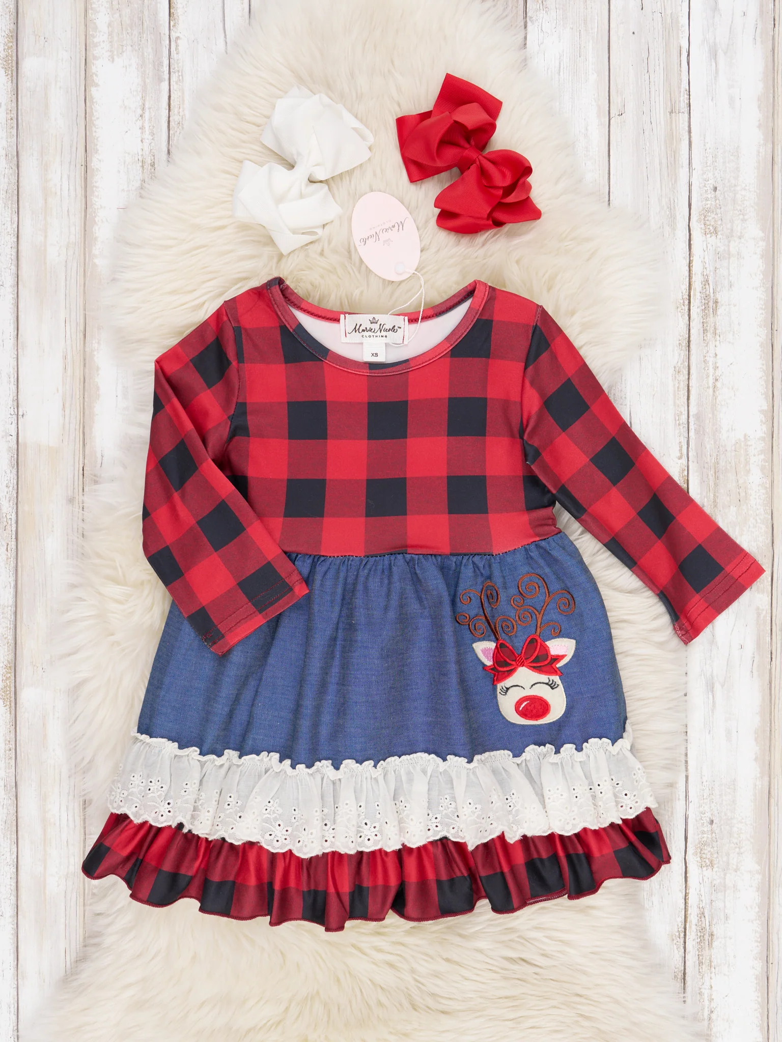 Chambray & Buffalo Plaid Reindeer Ruffle Dress
