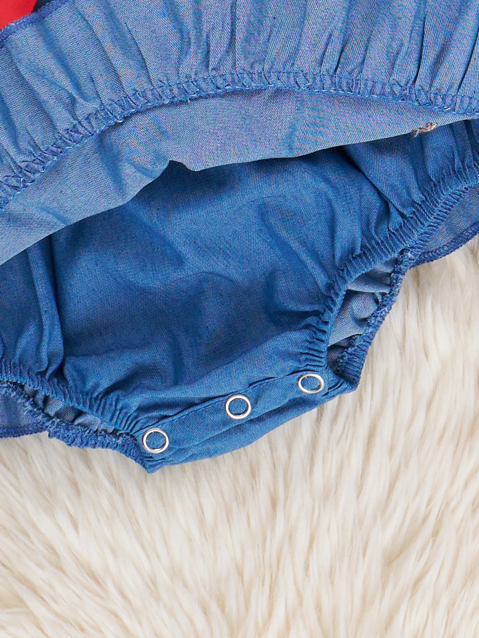 Chambray Embroidered Floral Chicken Ruffle Bubble Romper - Image 3