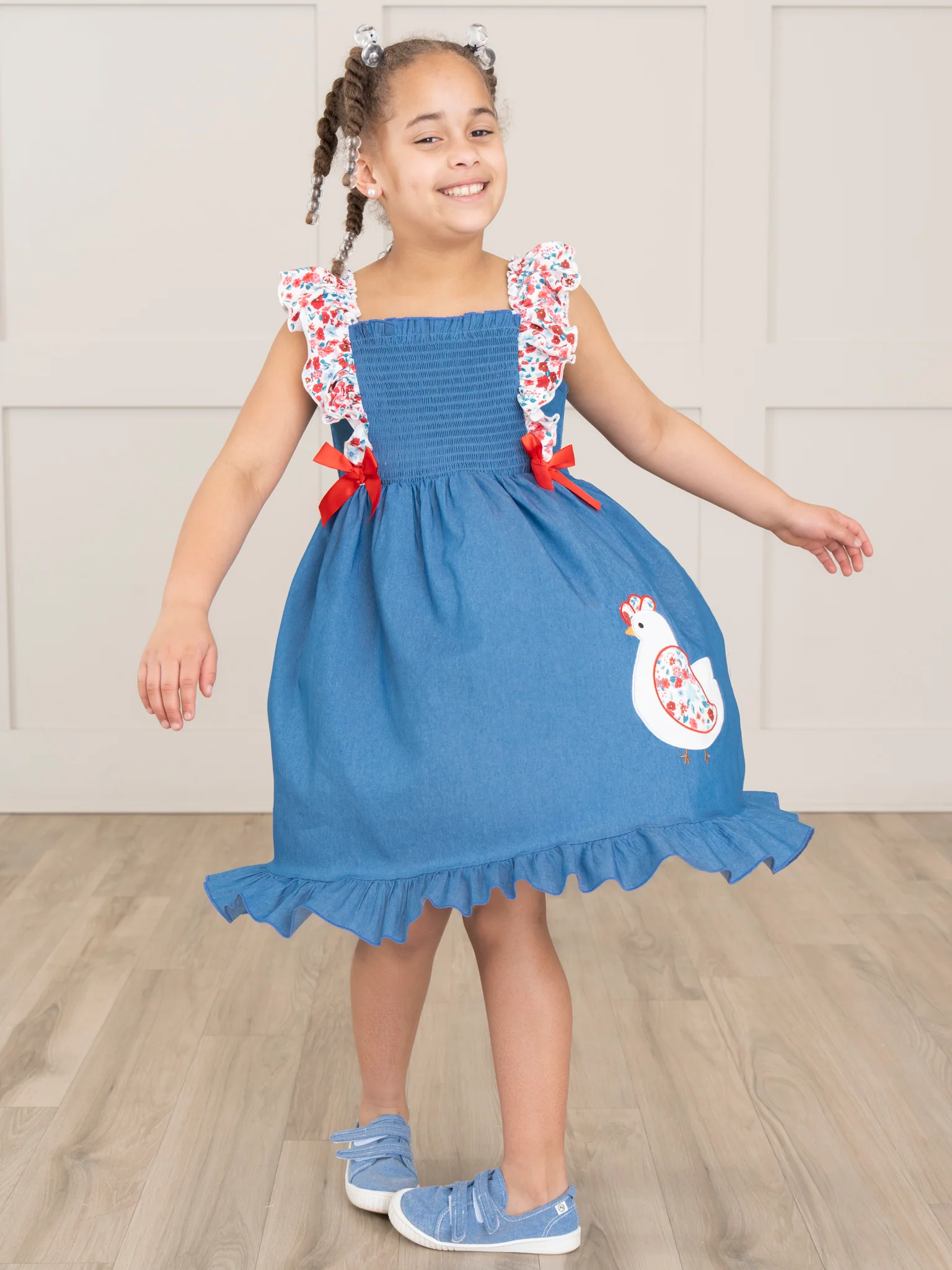 Chambray Embroidered Floral Chicken Ruffle Dress - Image 3