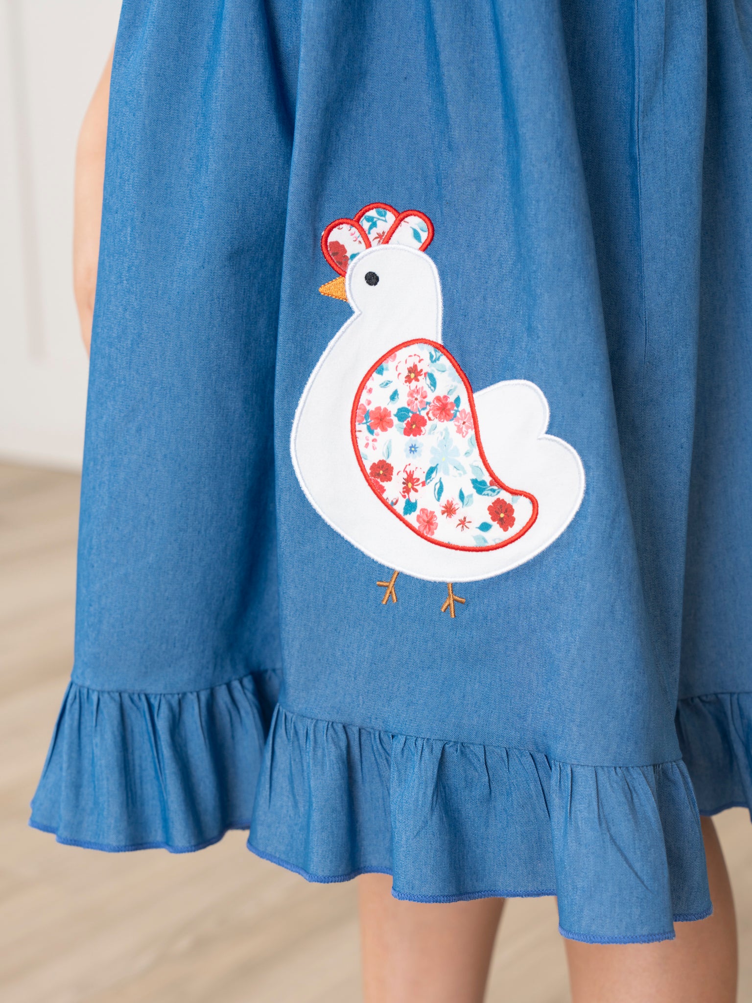 Chambray Embroidered Floral Chicken Ruffle Dress - Image 4