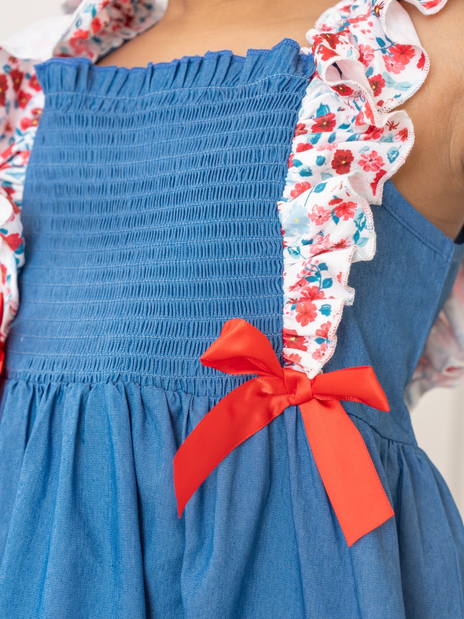 Chambray Embroidered Floral Chicken Ruffle Dress - Image 5