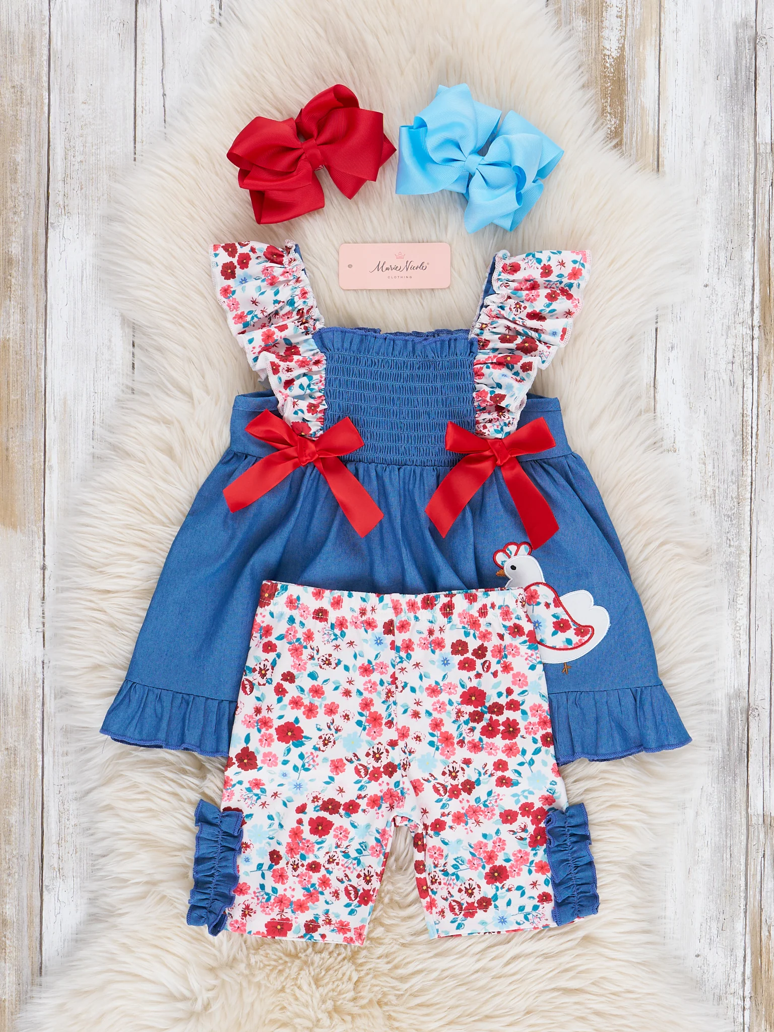 Chambray Embroidered Floral Chicken Ruffle Outfit - Image 3
