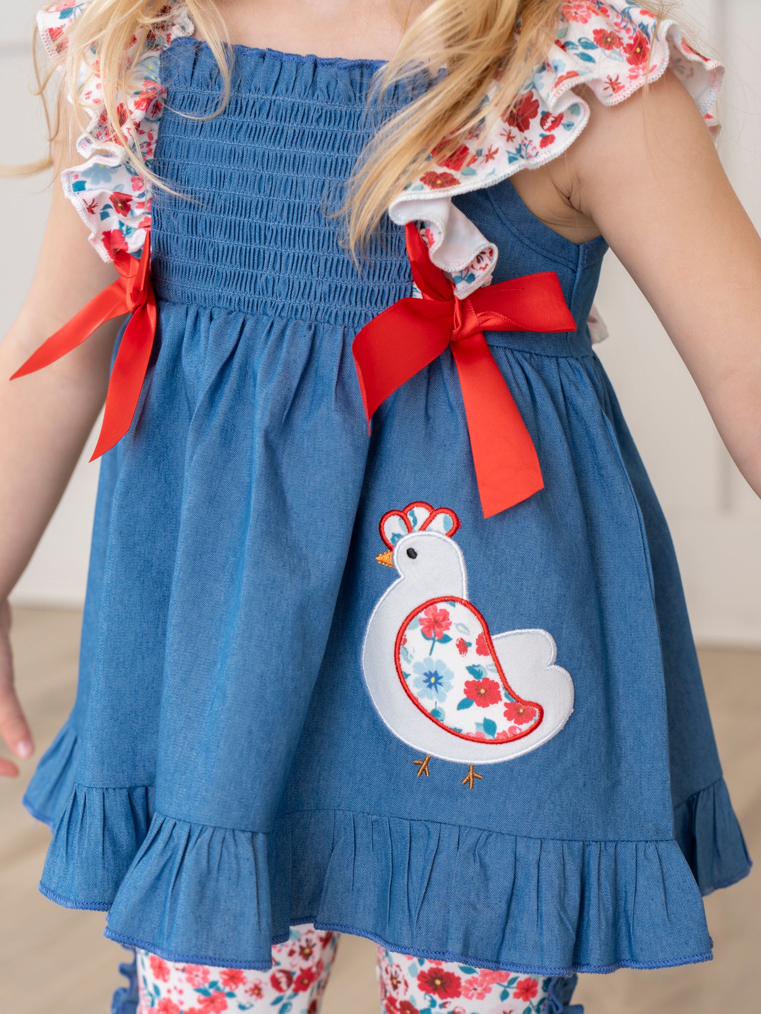 Chambray Embroidered Floral Chicken Ruffle Outfit - Image 4