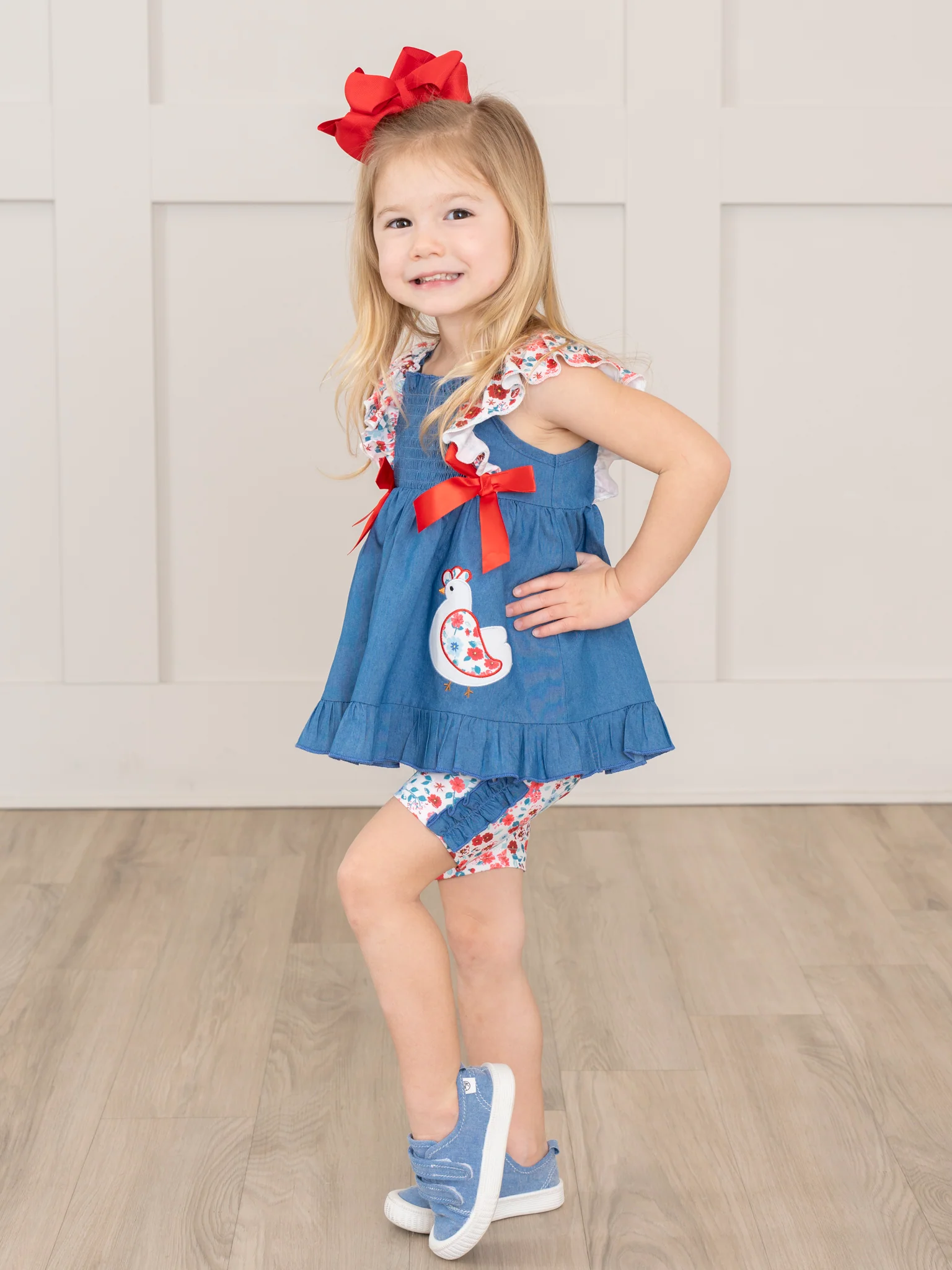 Chambray Embroidered Floral Chicken Ruffle Outfit - Image 5