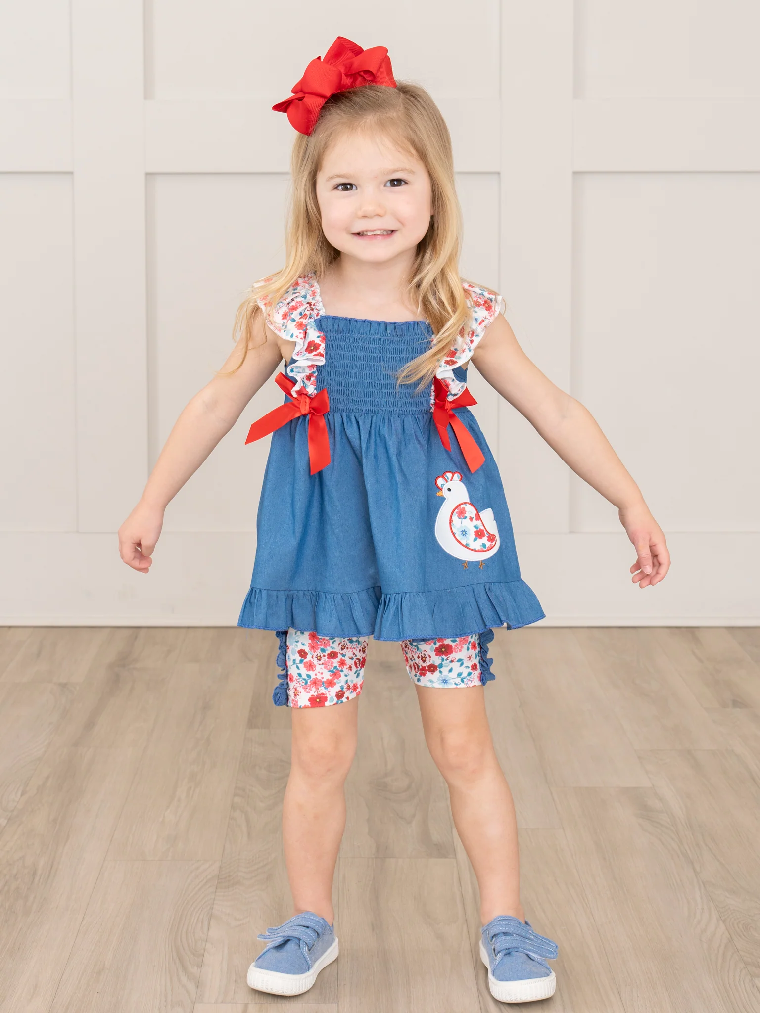 Chambray Embroidered Floral Chicken Ruffle Outfit - Image 6