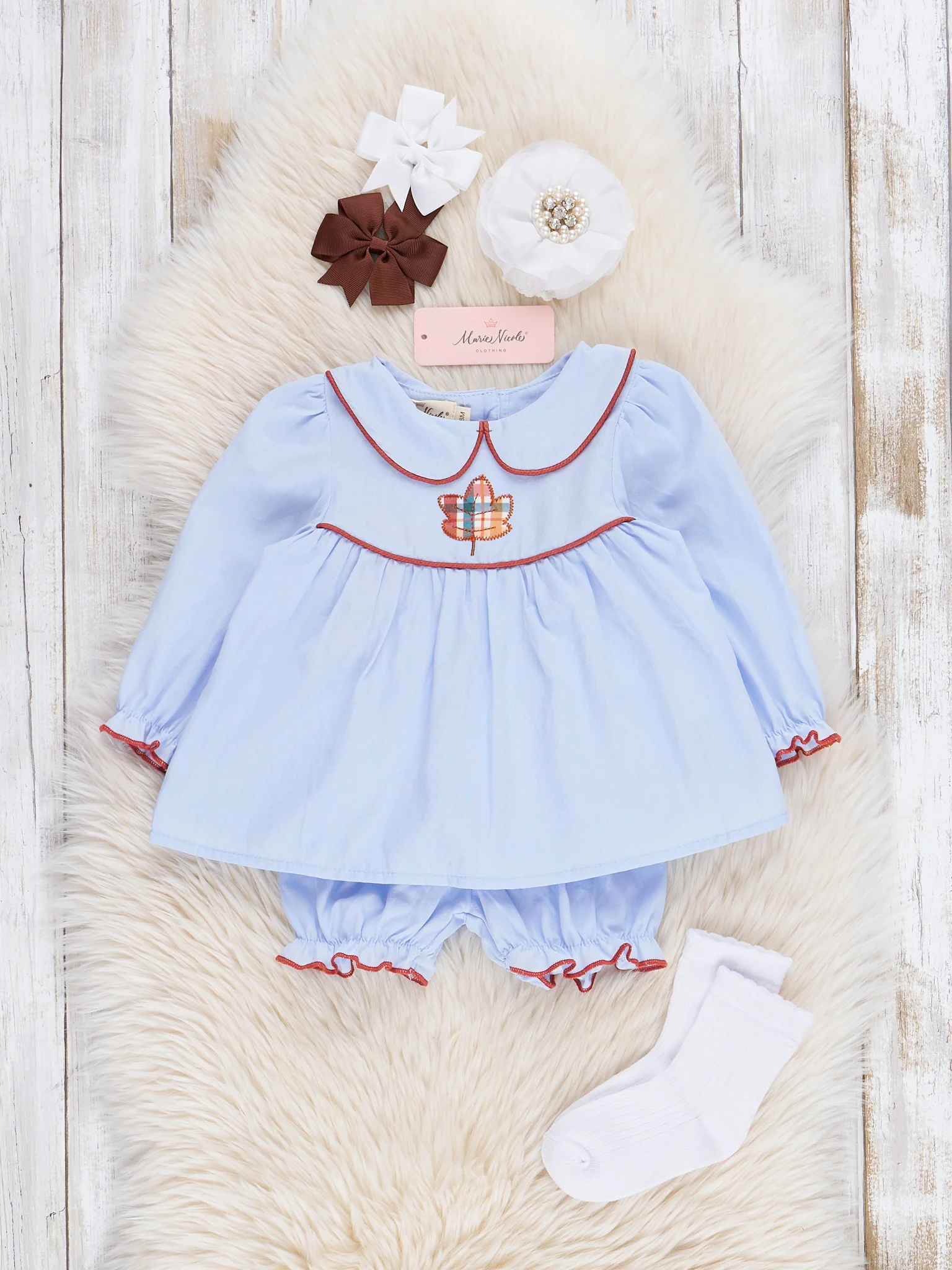 Chambray Embroidered Leaf Bloomers Outfit