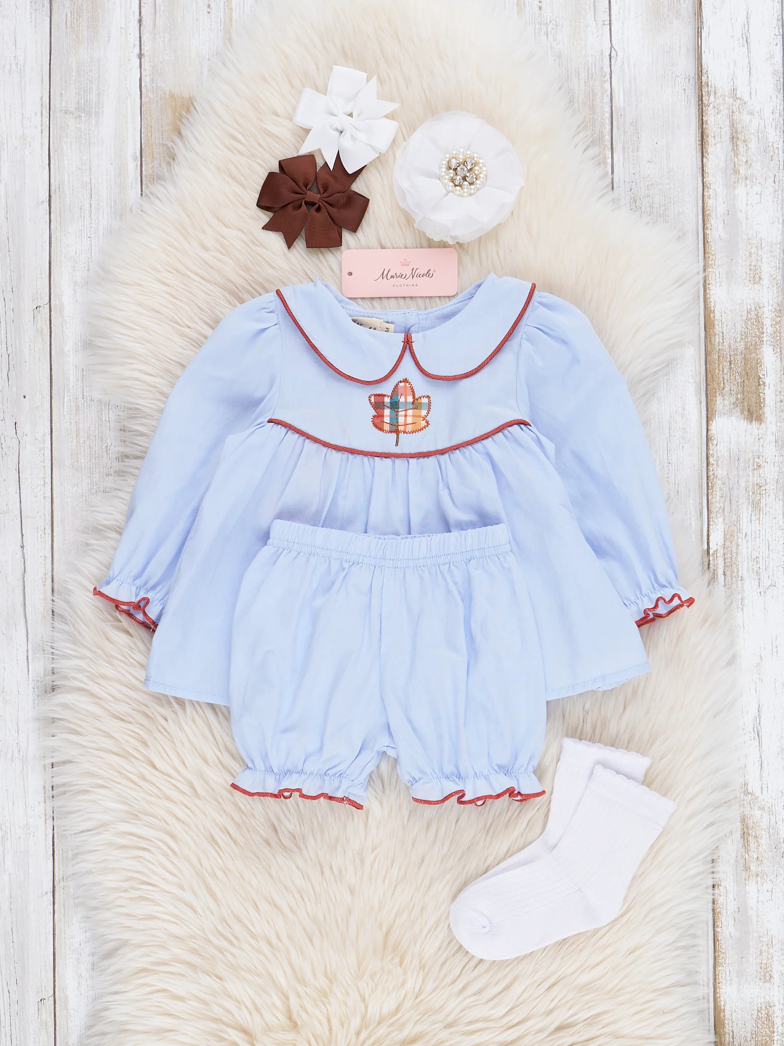 Chambray Embroidered Leaf Bloomers Outfit - Image 2