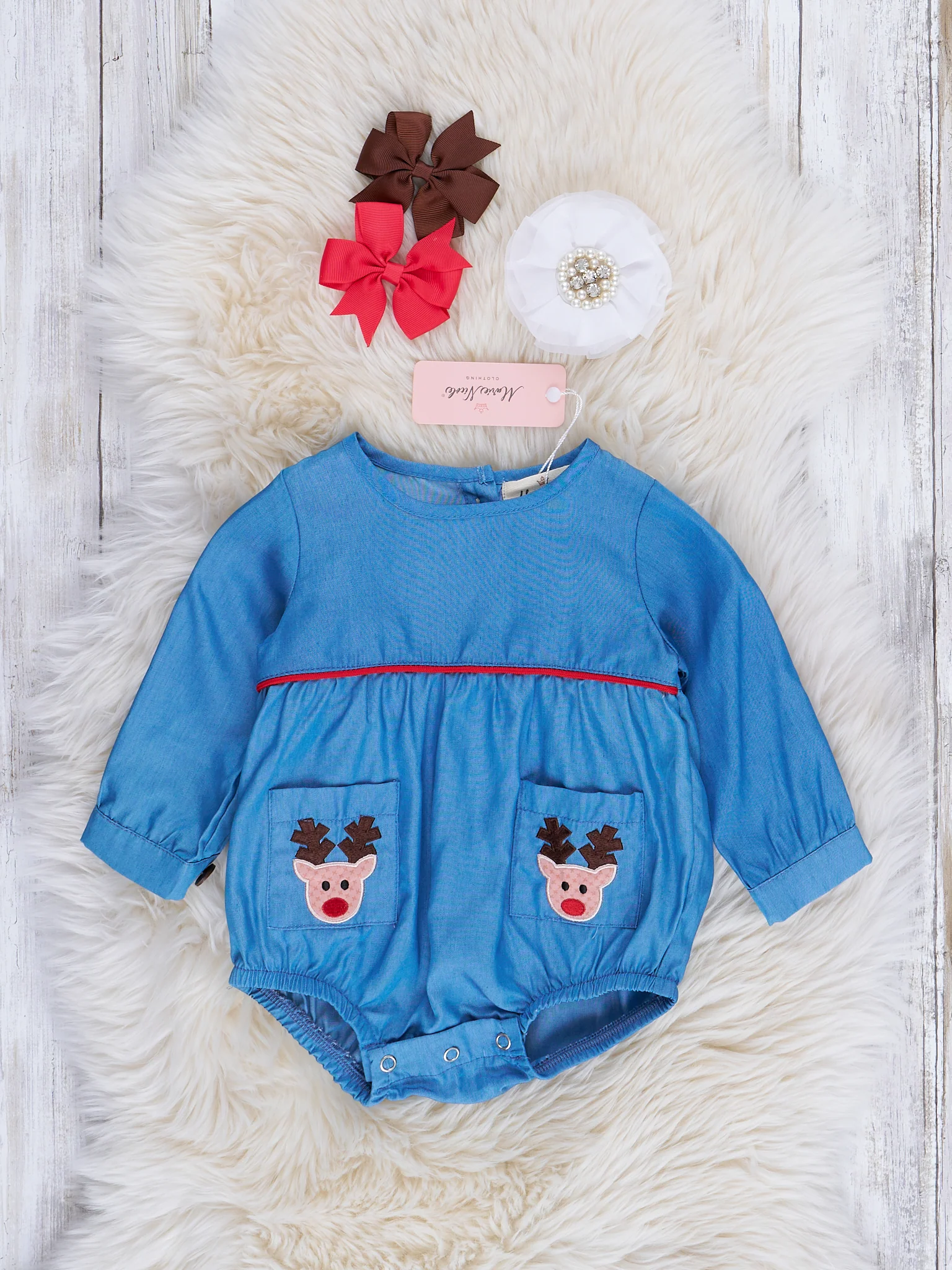 Chambray Embroidered Reindeer Bubble Romper