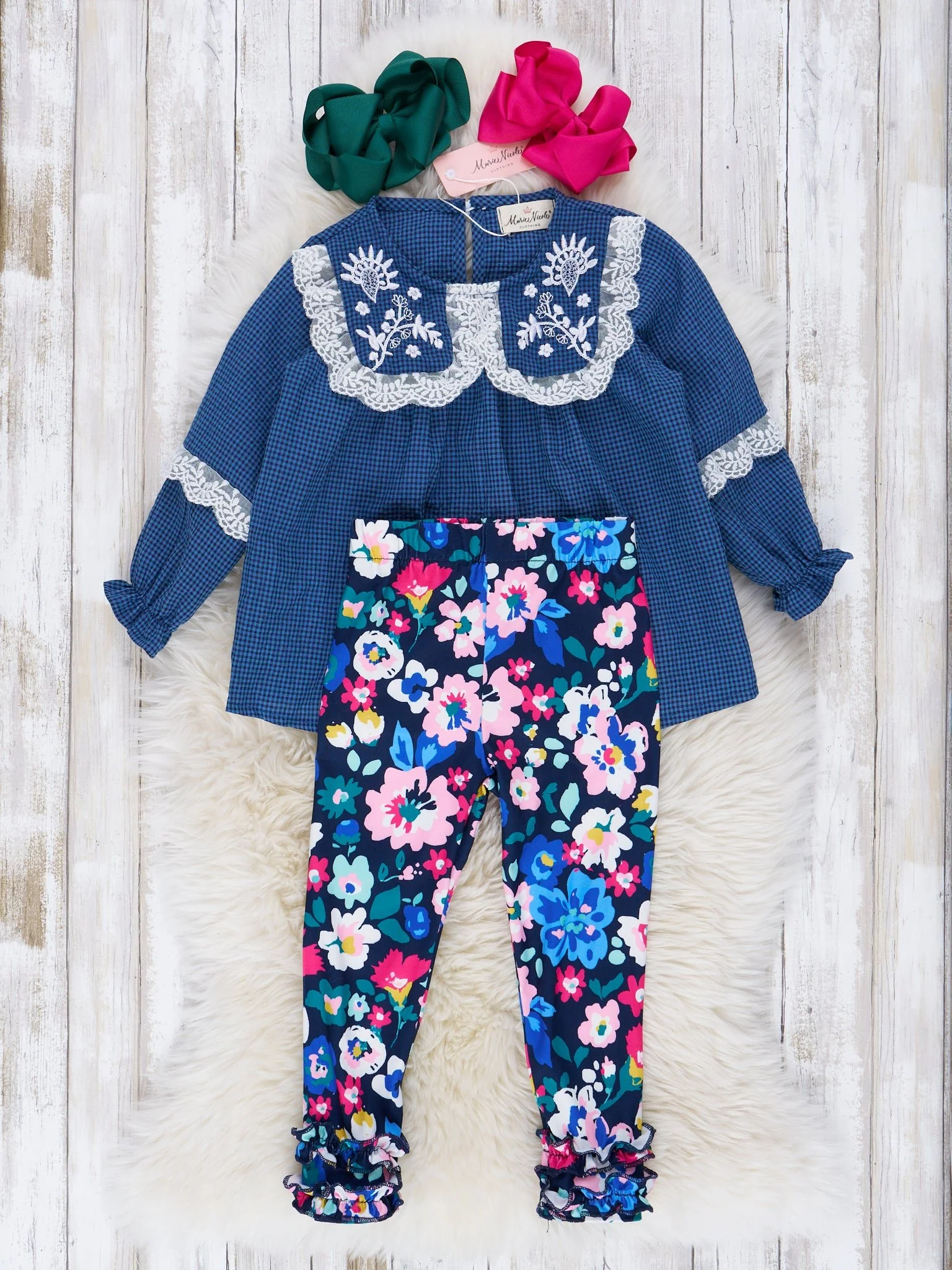 Chambray Embroidered Watercolor Floral Ruffle Outfit - Image 2