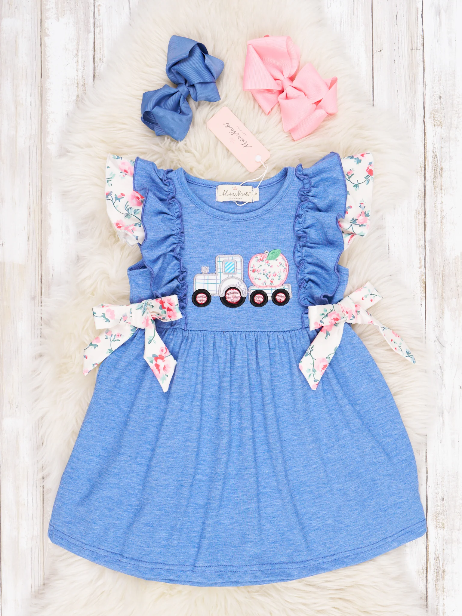 Floral Apple Tractor Ruffle Dress