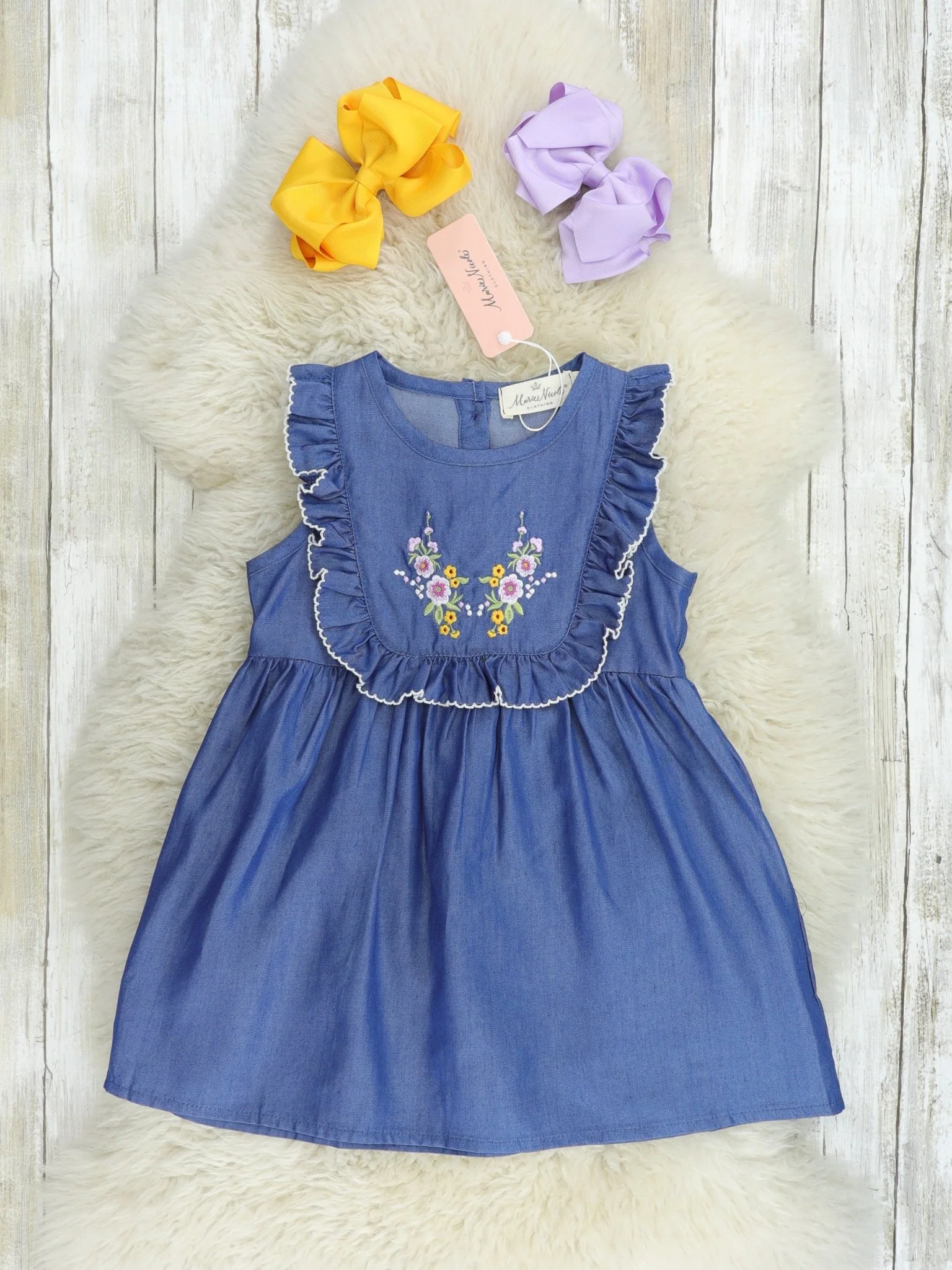 Chambray Floral Bib Collar Dress