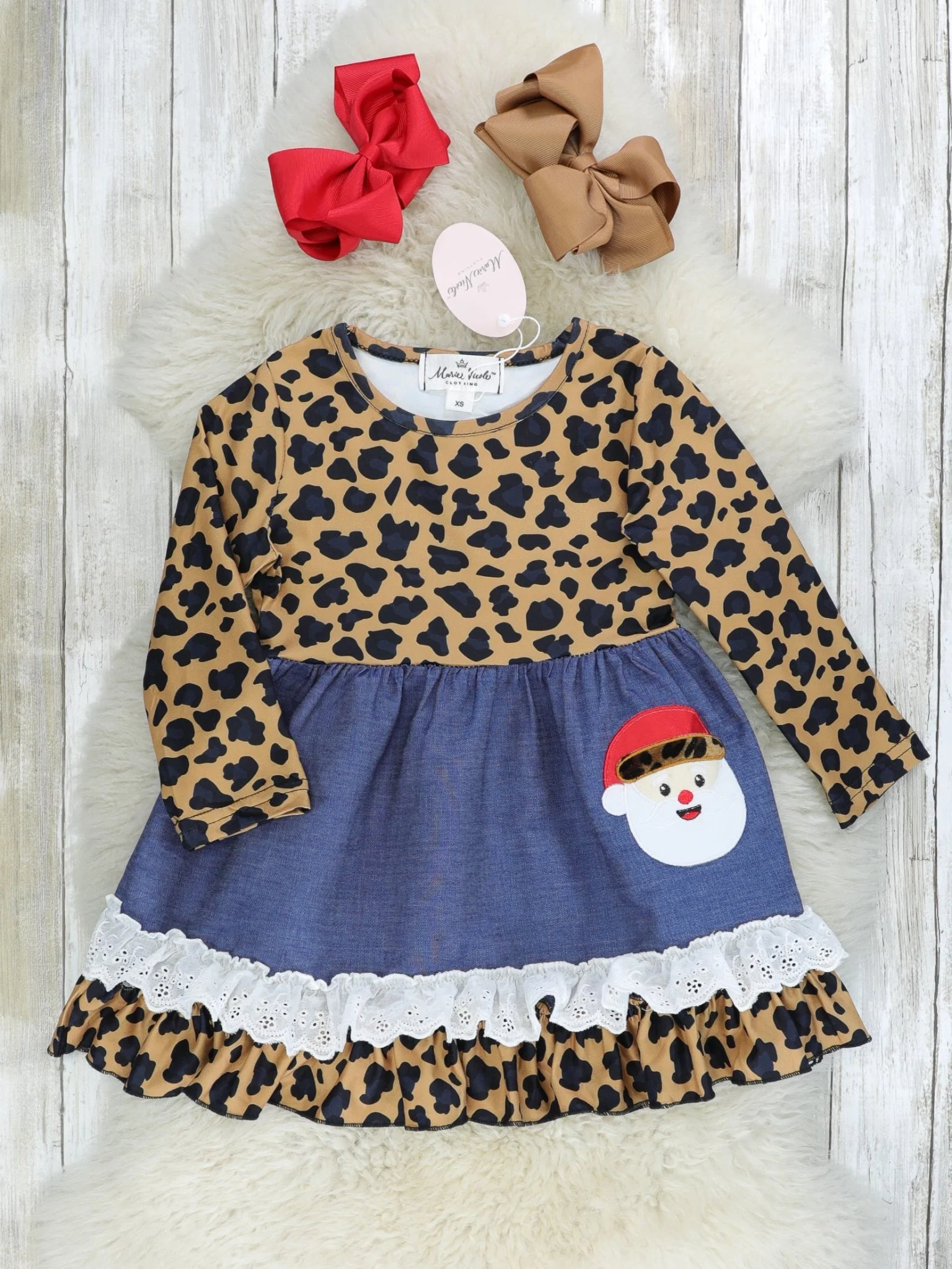 Chambray Leopard Santa Ruffle Dress