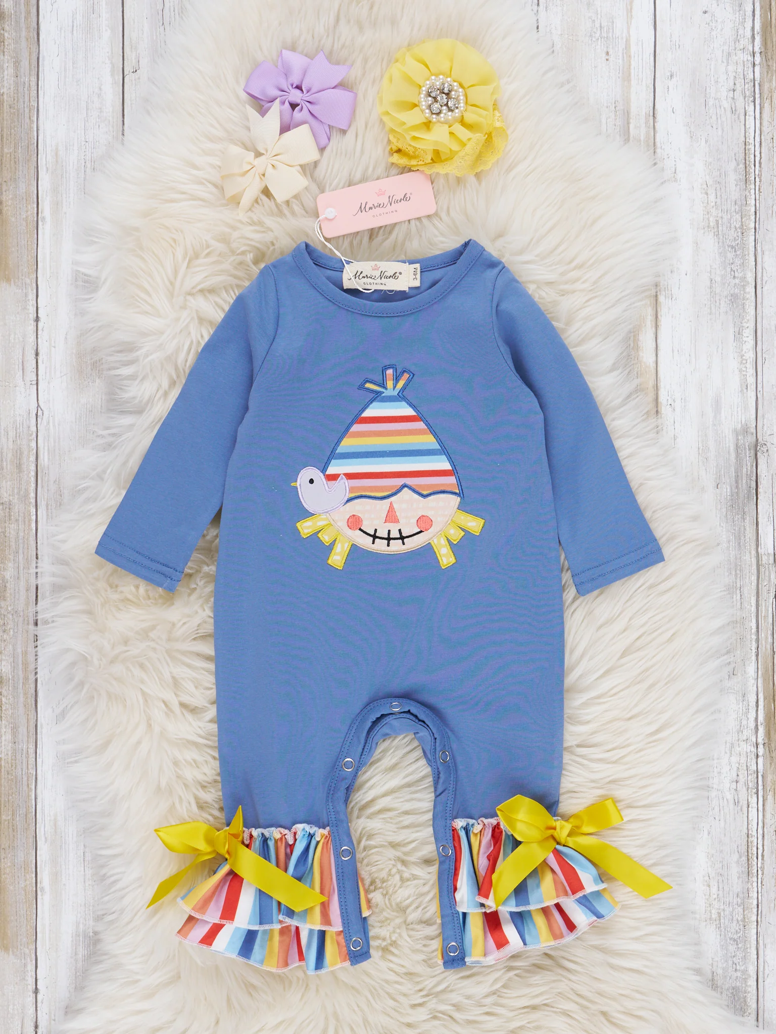 Chambray Rainbow Scarecrow Ruffle Romper