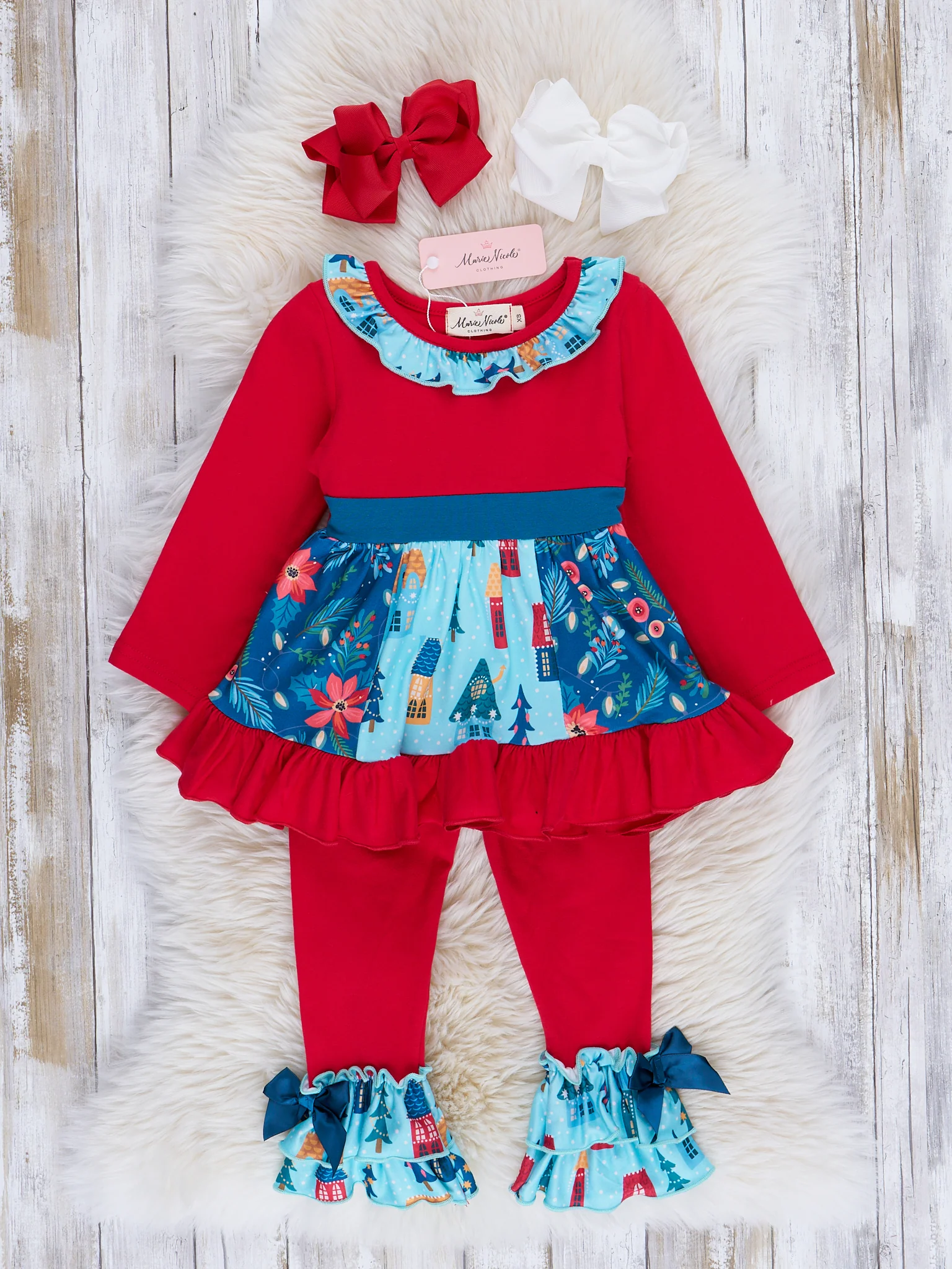 Chambray & Red Tree Lot Ruffle Outfit
