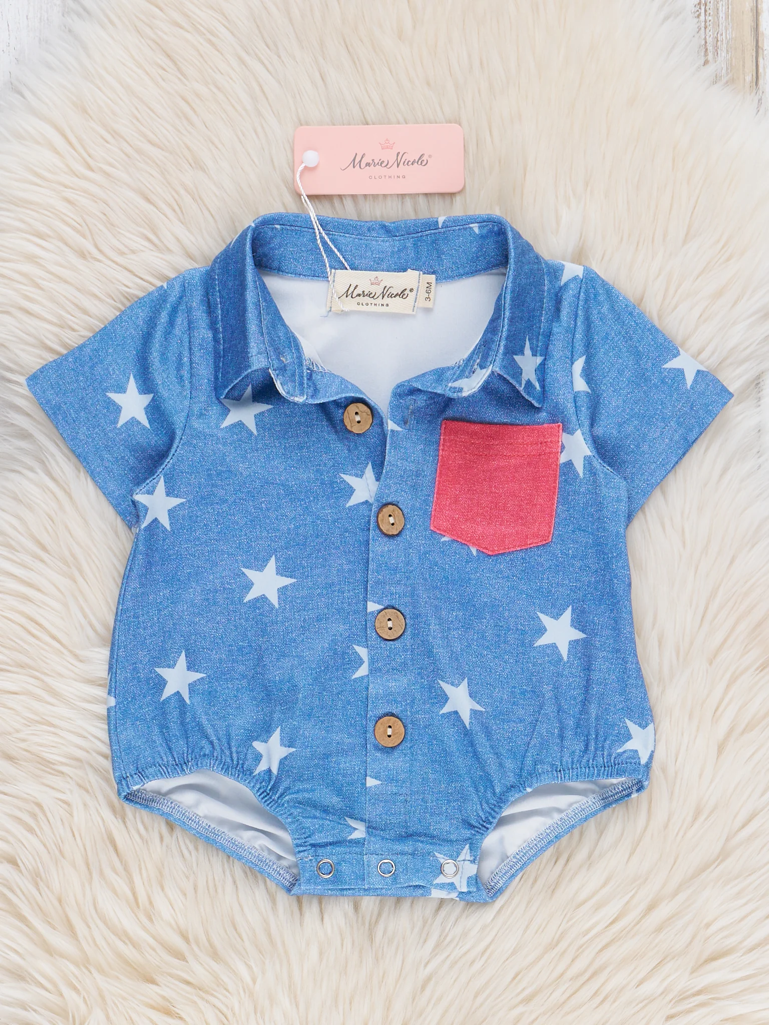 Chambray Stars Pocket Button-Up Bubble Romper