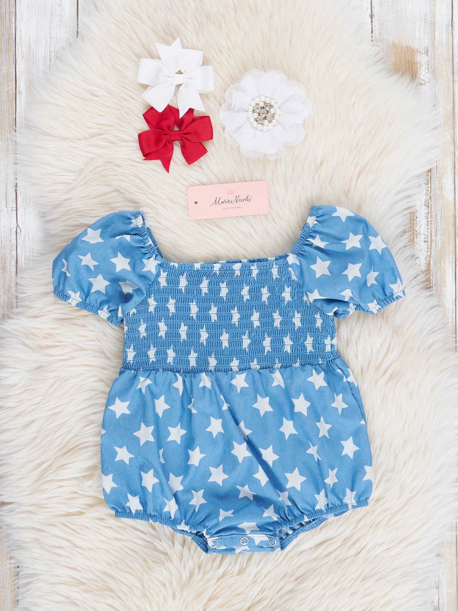 Chambray Stars Smocked Bubble Romper