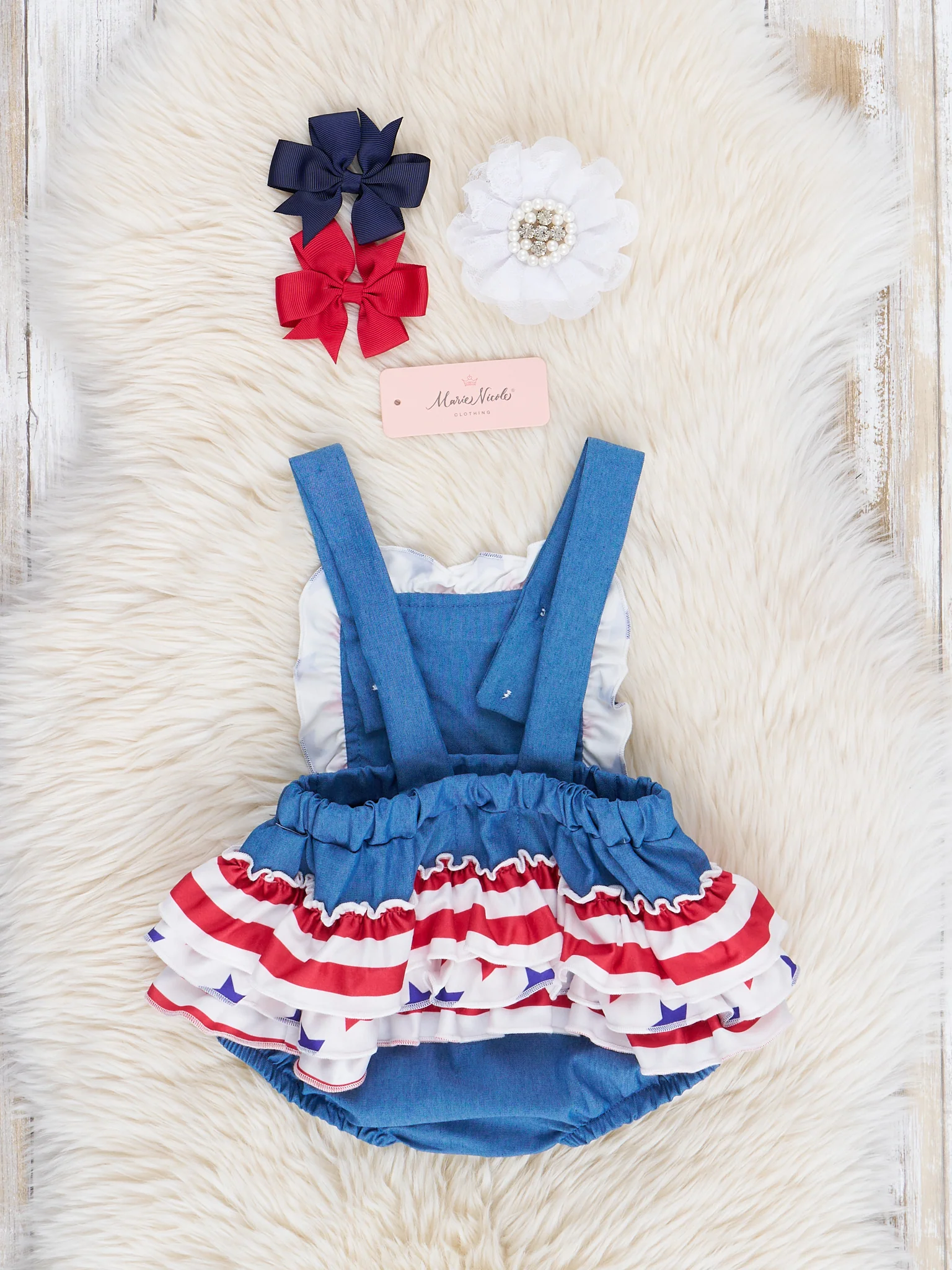 Chambray Stars & Stripes Ruffle Bubble Romper - Image 2