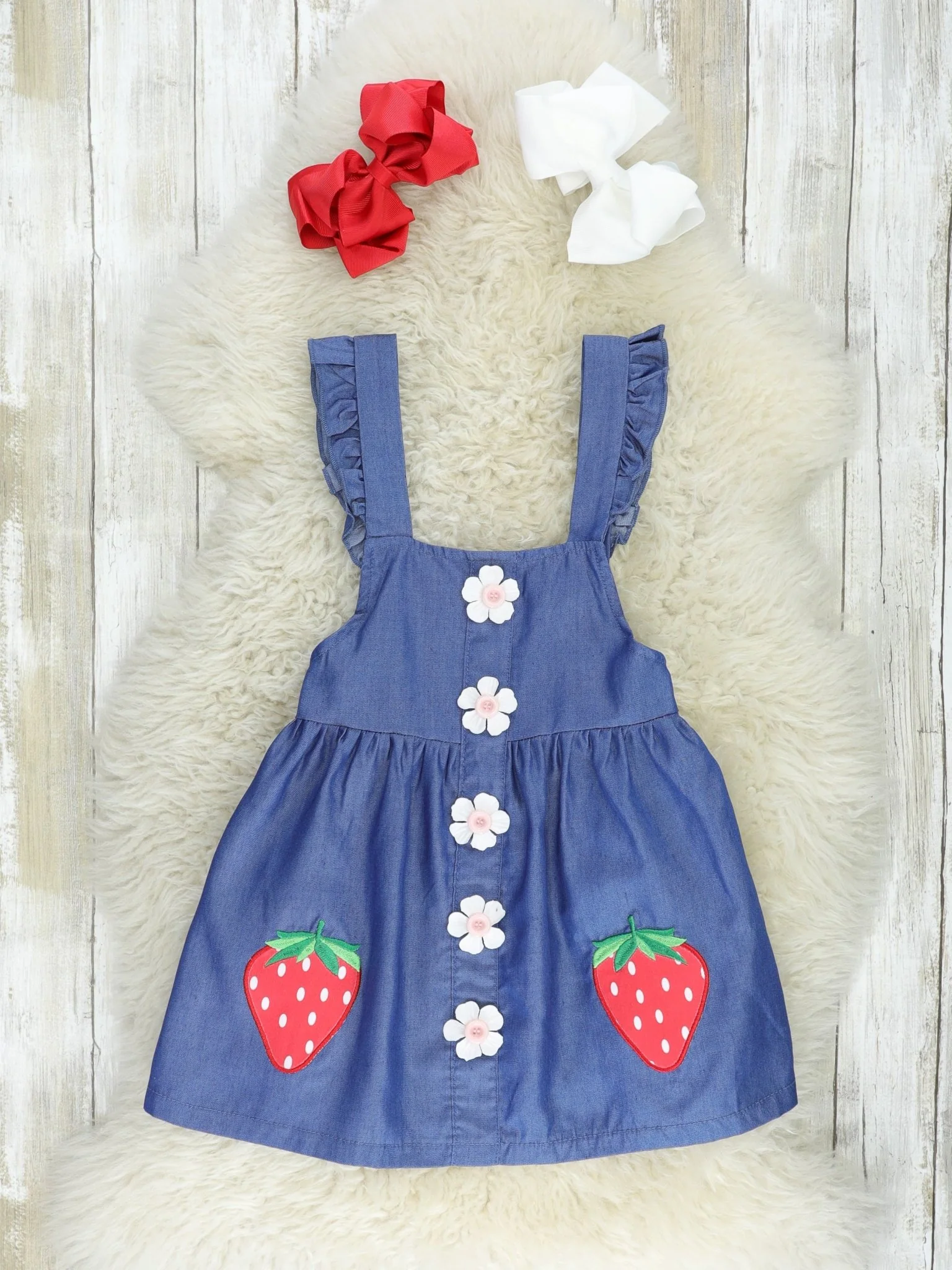 Chambray Strawberry Ruffle Dress