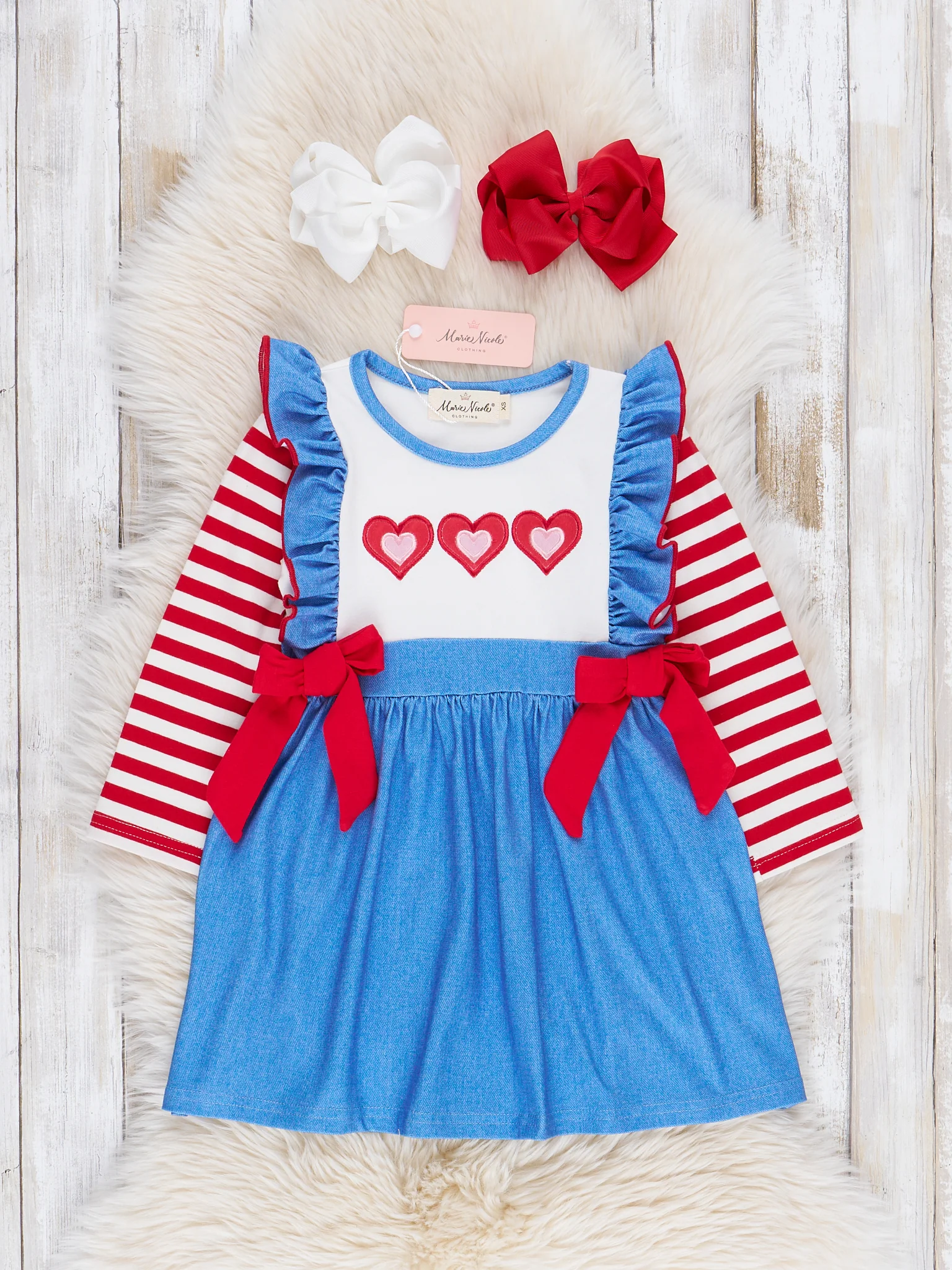 Blue & Red Stripes Embroidered Hearts Ruffle Dress
