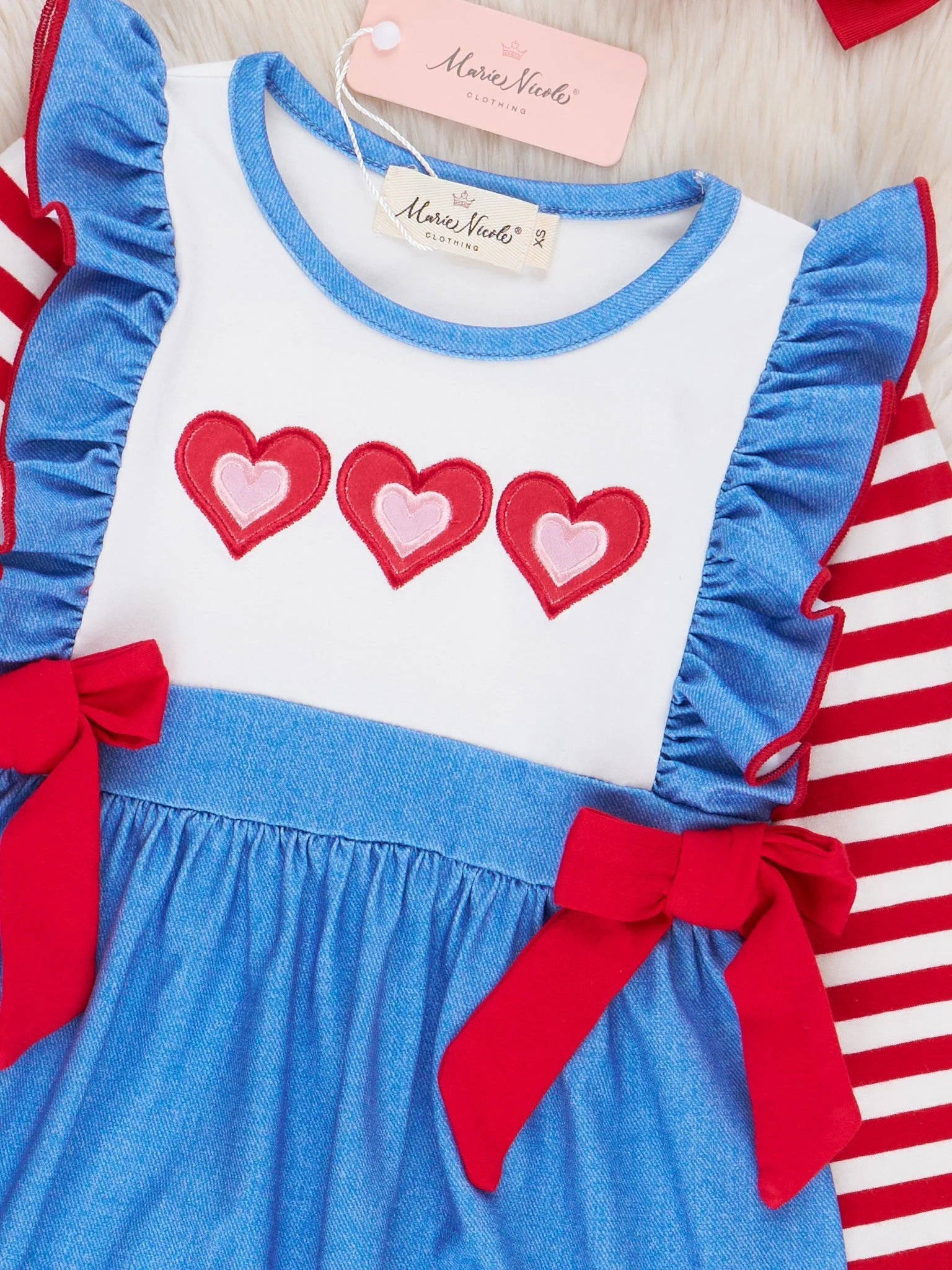 Blue & Red Stripes Embroidered Hearts Ruffle Dress - Image 2