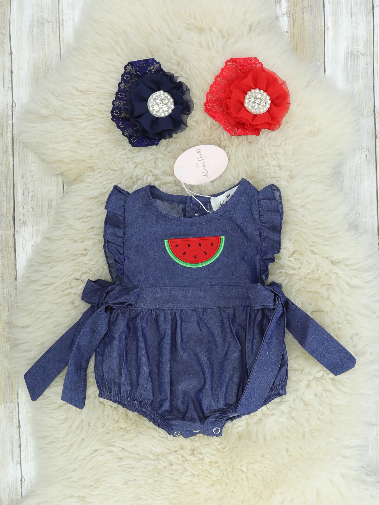 Chambray Watermelon Ruffle Bow Bubble Romper