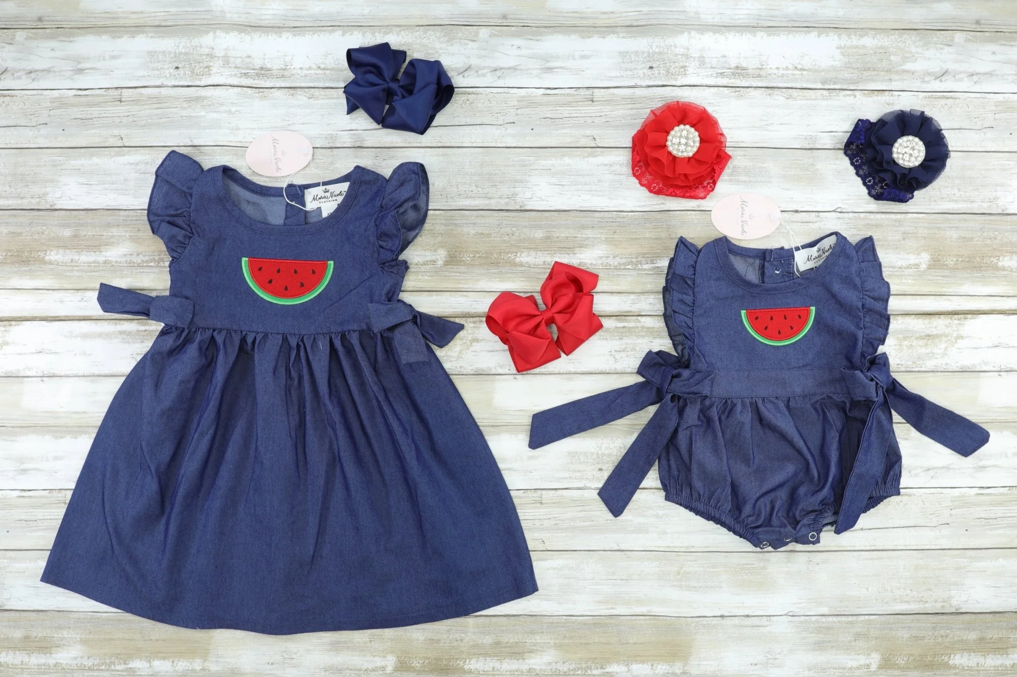 Chambray Watermelon Ruffle Bow Bubble Romper - Image 2