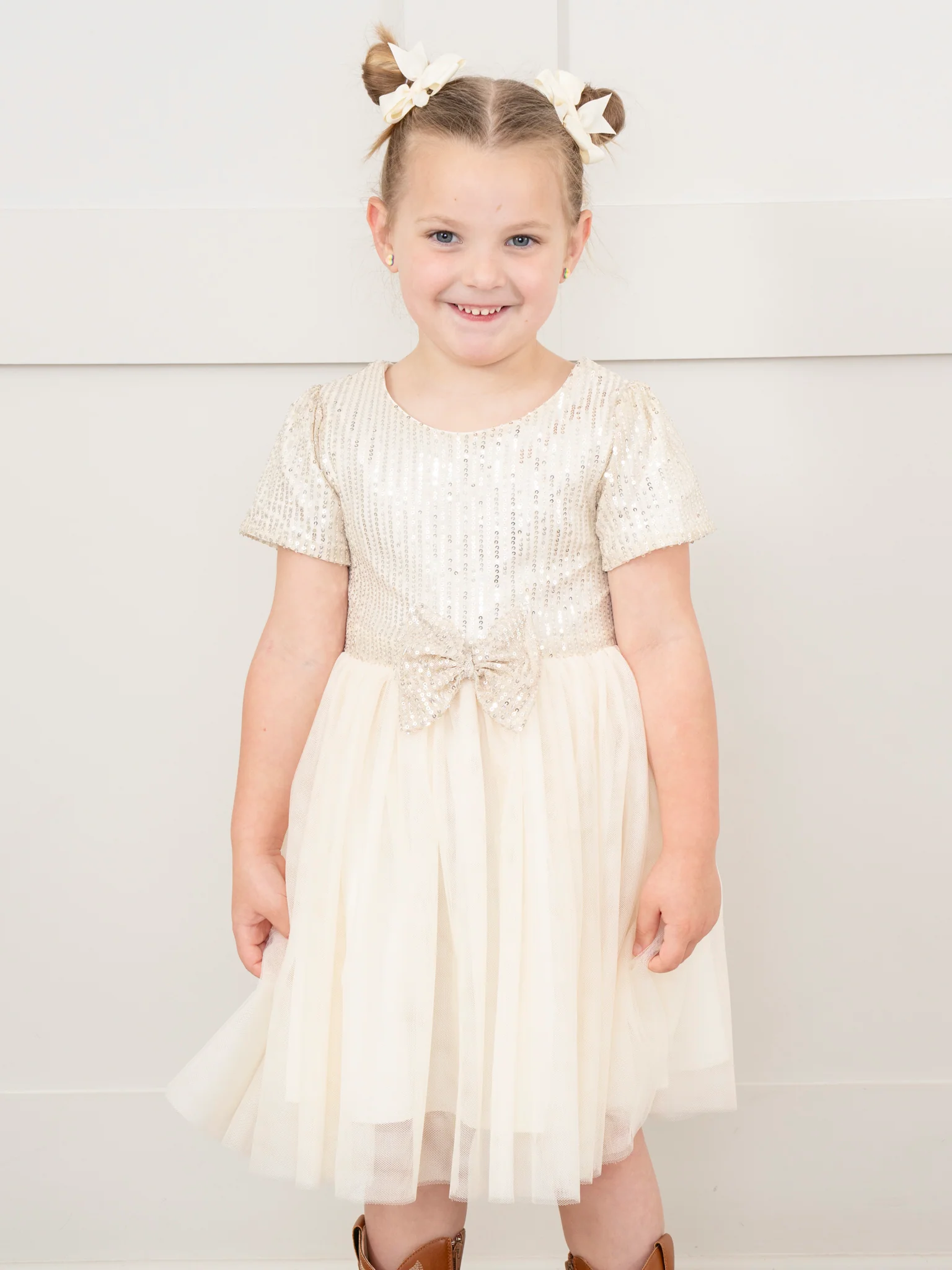 Champagne Tulle Sequin Bow Dress - Image 2
