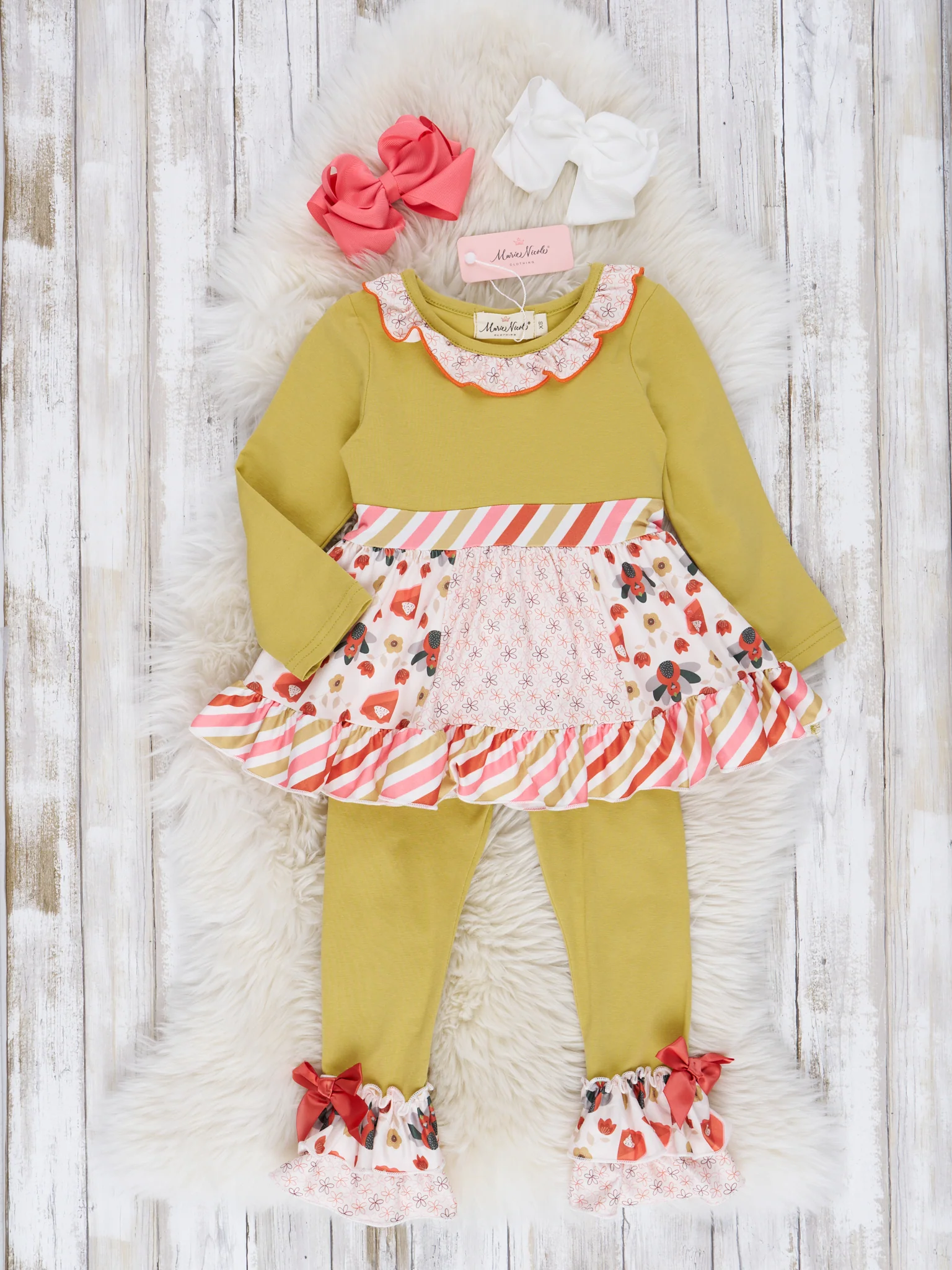 Chartreuse & Candy Stripe Turkey Ruffle Outfit - Image 2