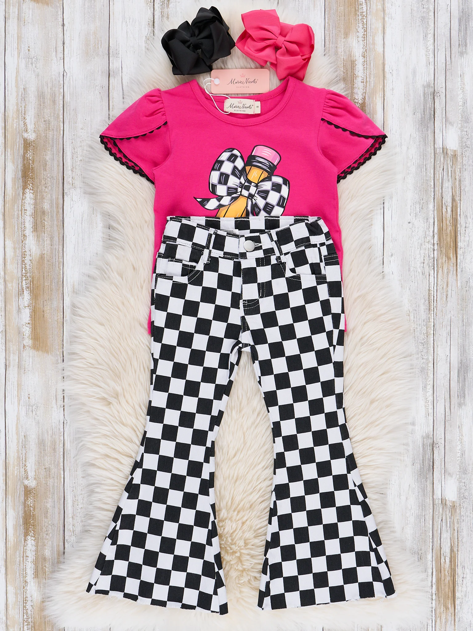Checker Bow Pencil Flare Pants Outfit - Image 3