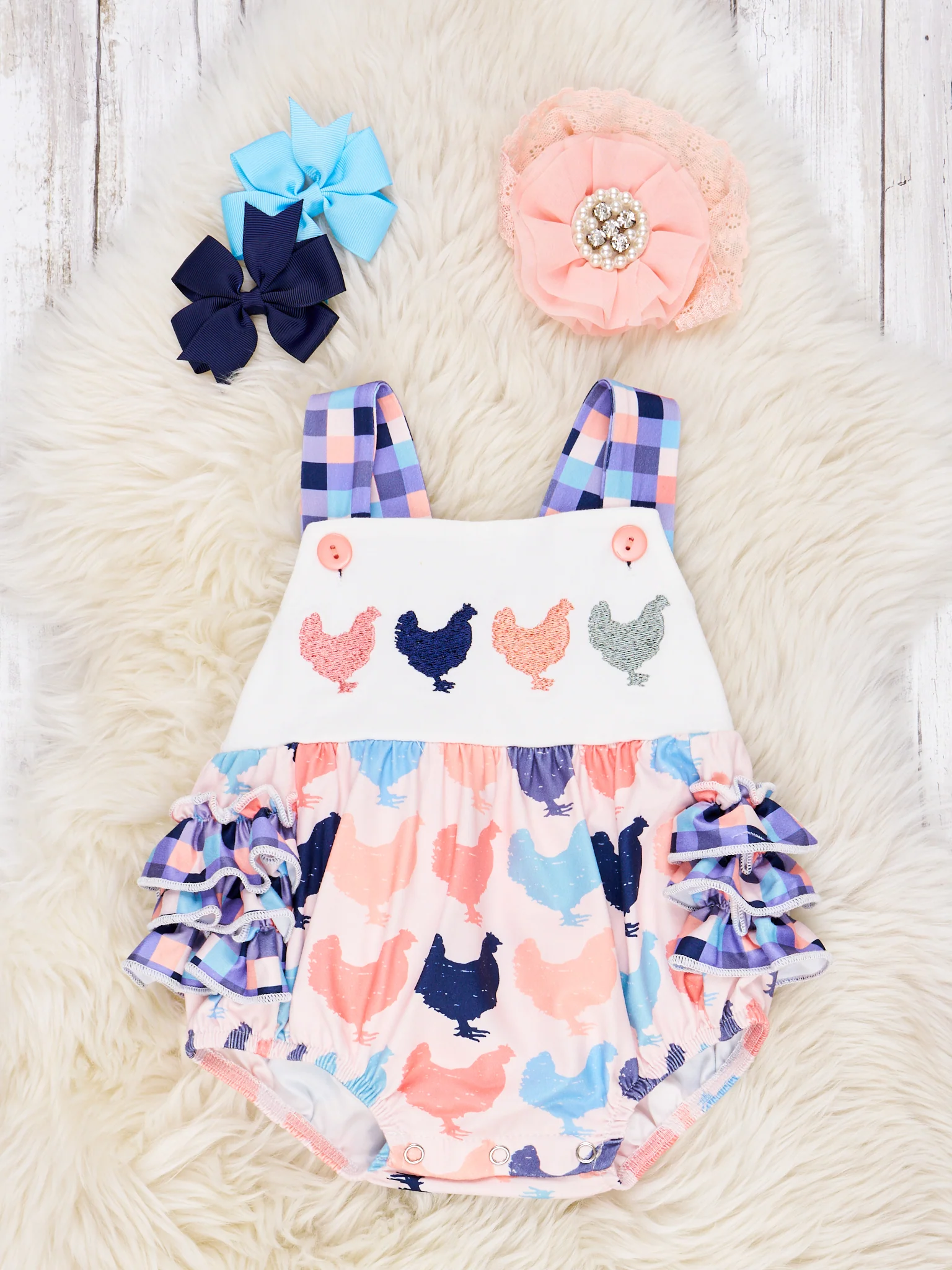 Chicken Gingham Ruffle Romper