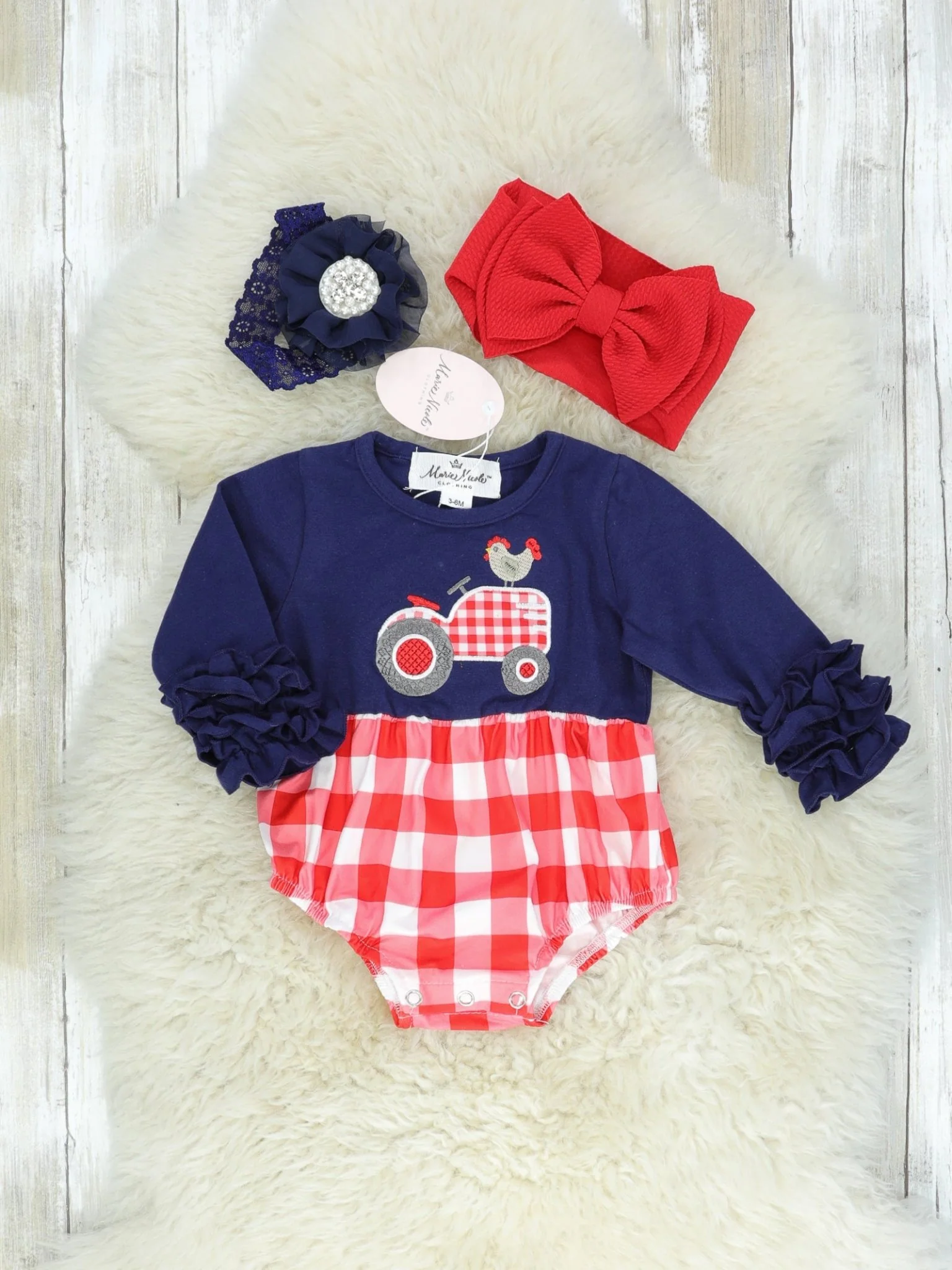 Chicken On A Tractor Navy Icing Check Bubble Romper