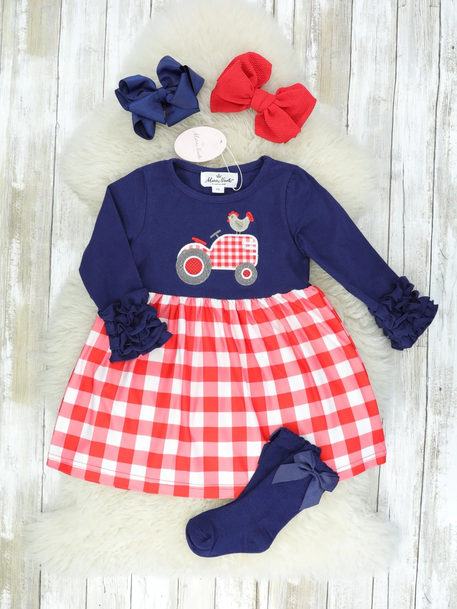 Chicken On A Tractor Navy Icing Check Dress With Socks