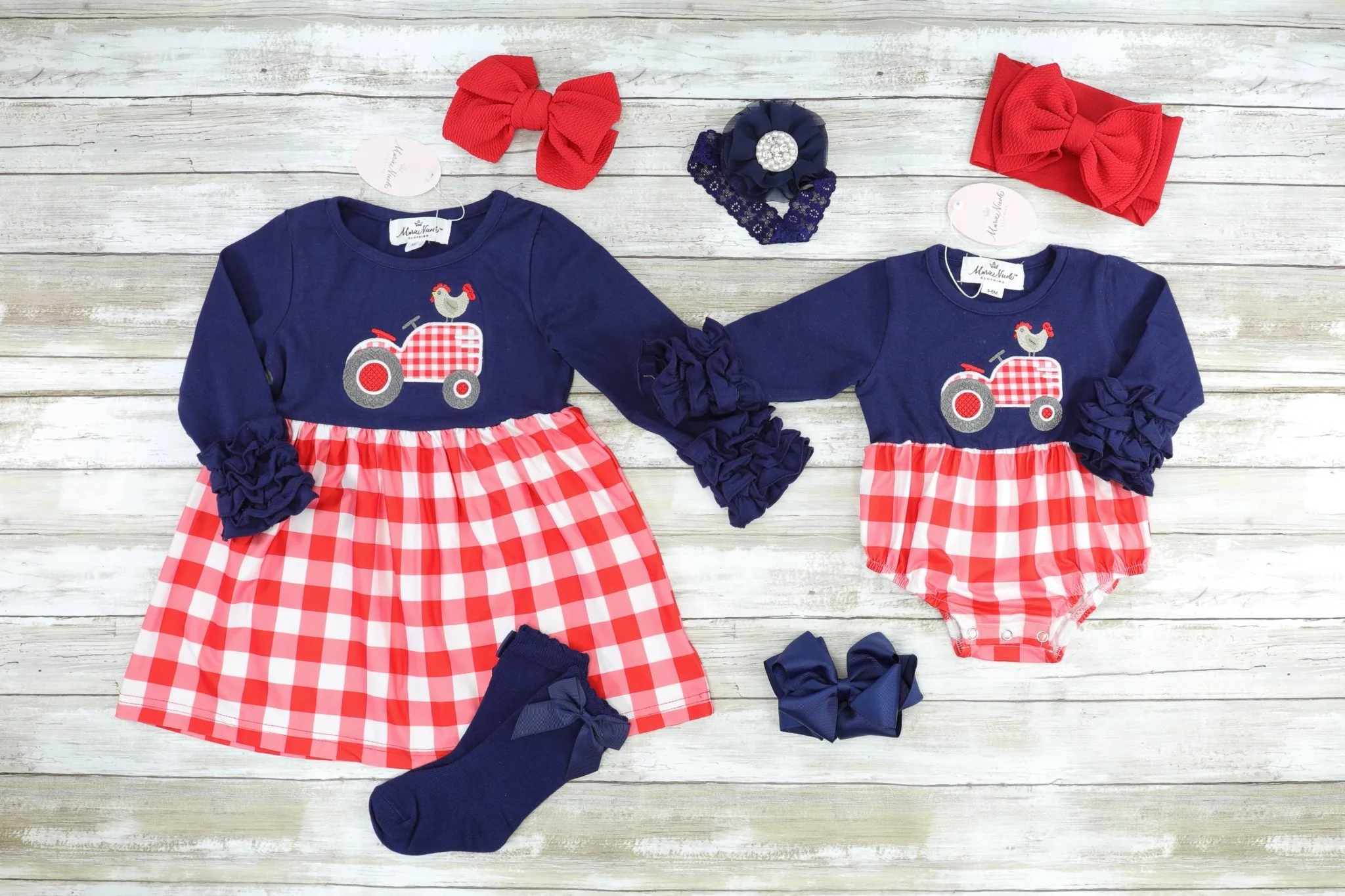 Chicken On A Tractor Navy Icing Check Dress With Socks - Image 2