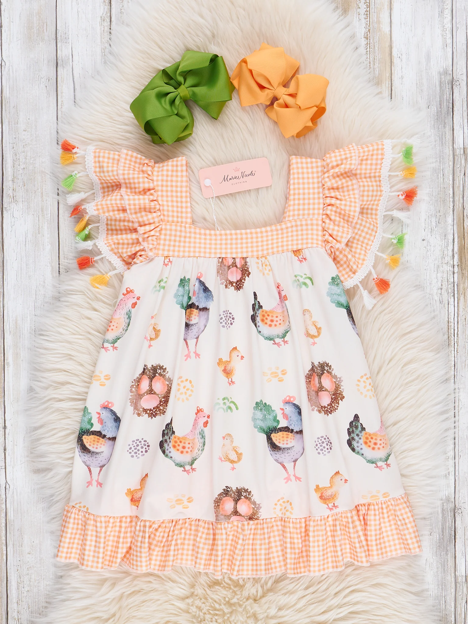 Chickens & Eggs Gingham Tassel Dress