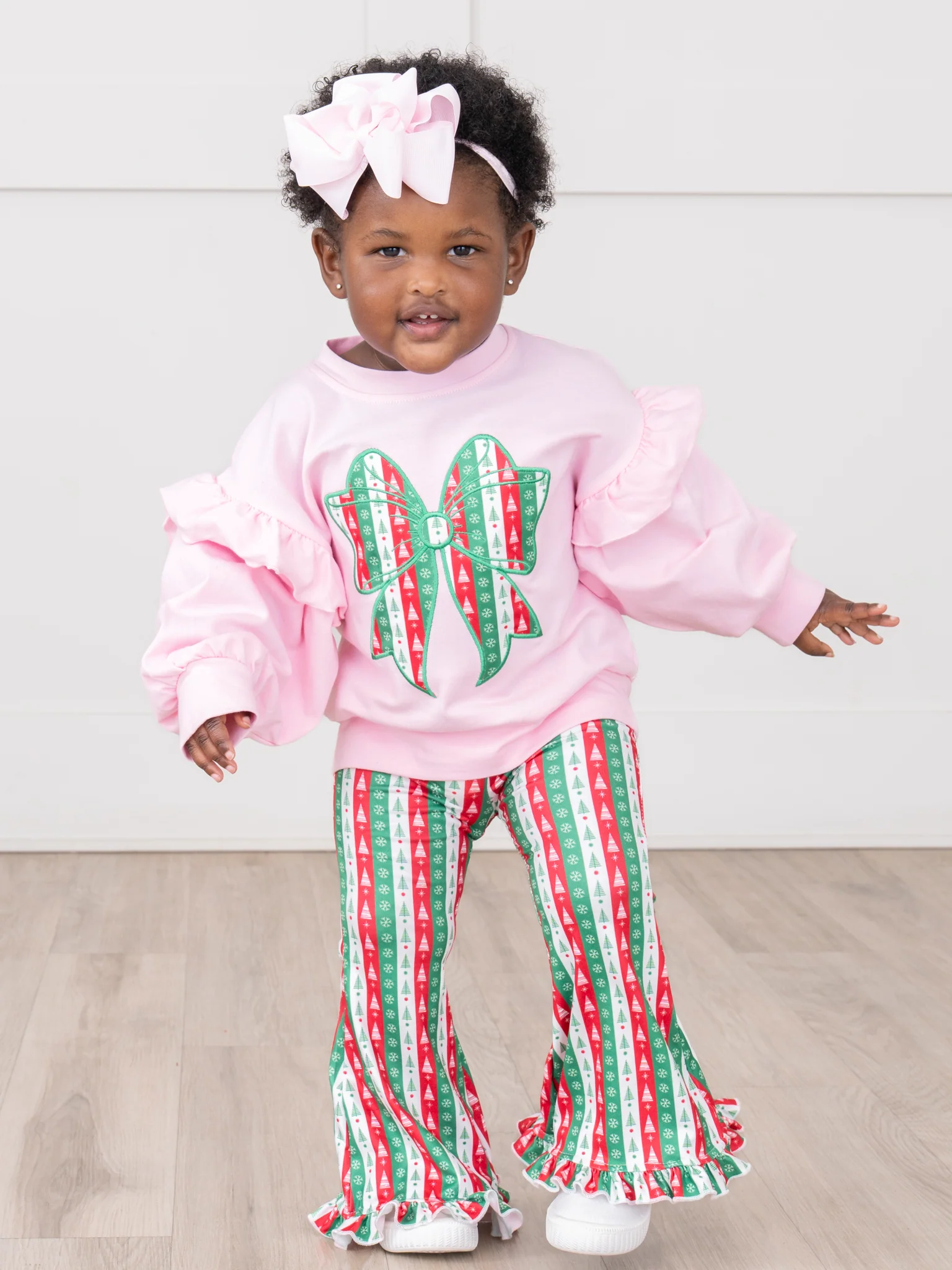 Christmas Bow Embroidered Ruffle Bell Bottom Outfit