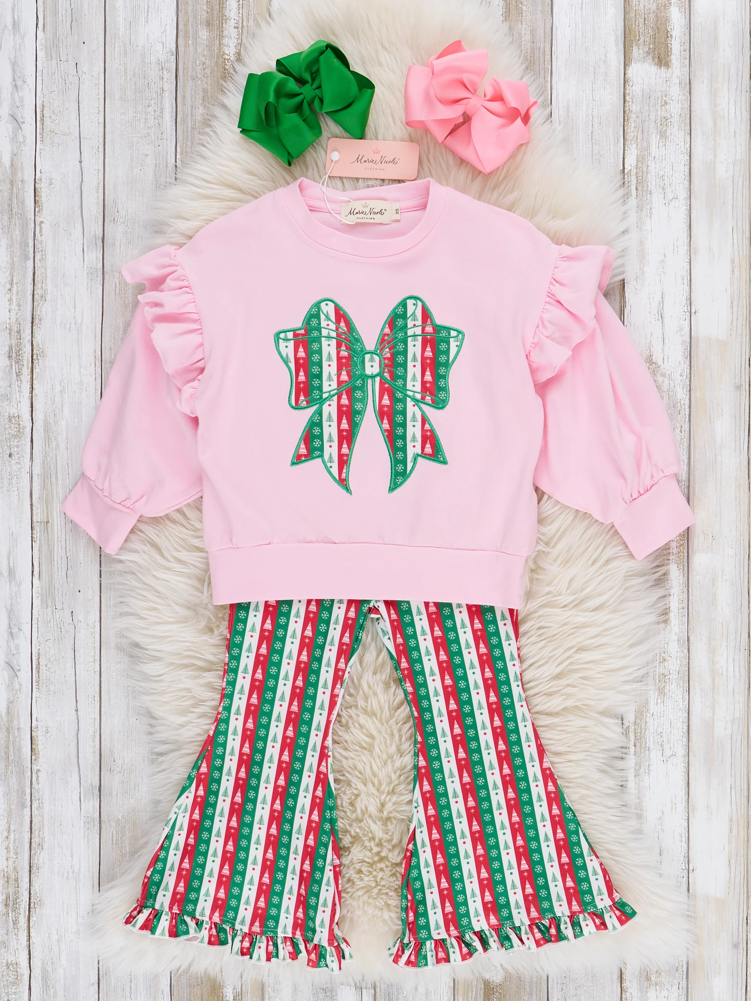 Christmas Bow Embroidered Ruffle Bell Bottom Outfit - Image 2