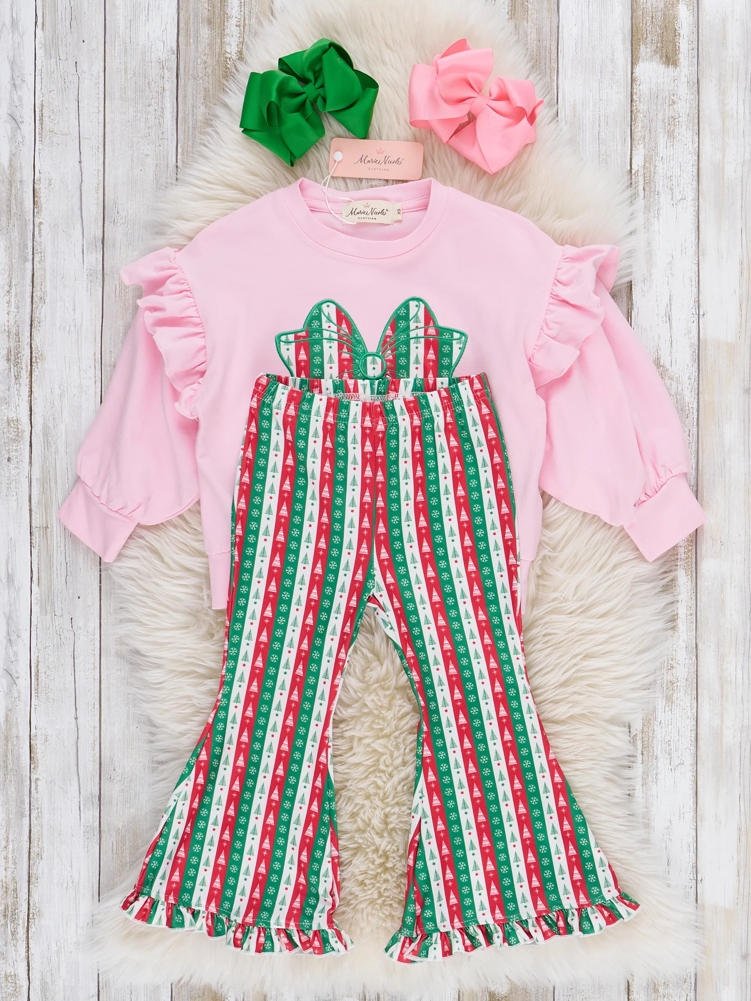 Christmas Bow Embroidered Ruffle Bell Bottom Outfit - Image 3