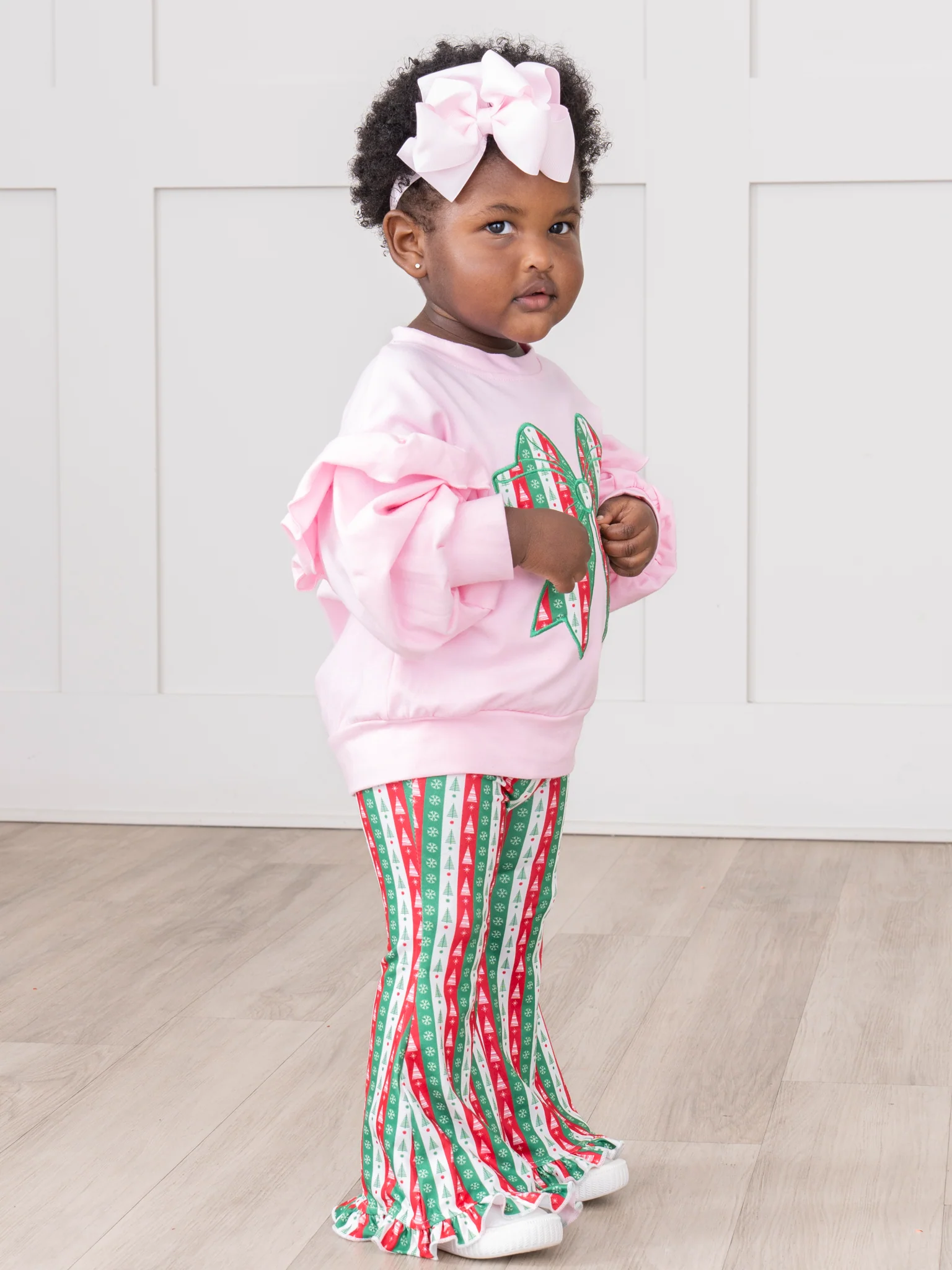 Christmas Bow Embroidered Ruffle Bell Bottom Outfit - Image 4
