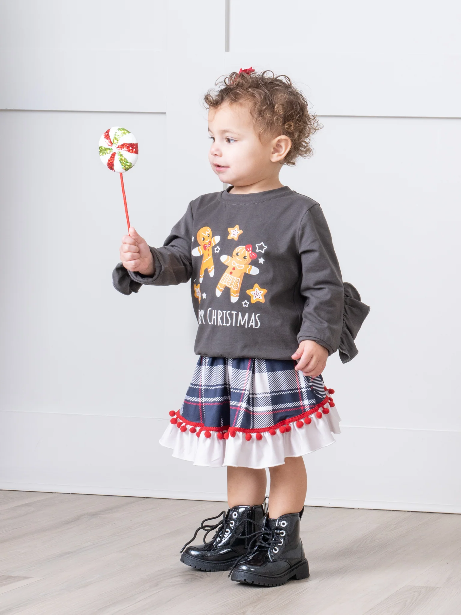Christmas Gingerbread Plaid Ruffle Outfit w/ Skirt