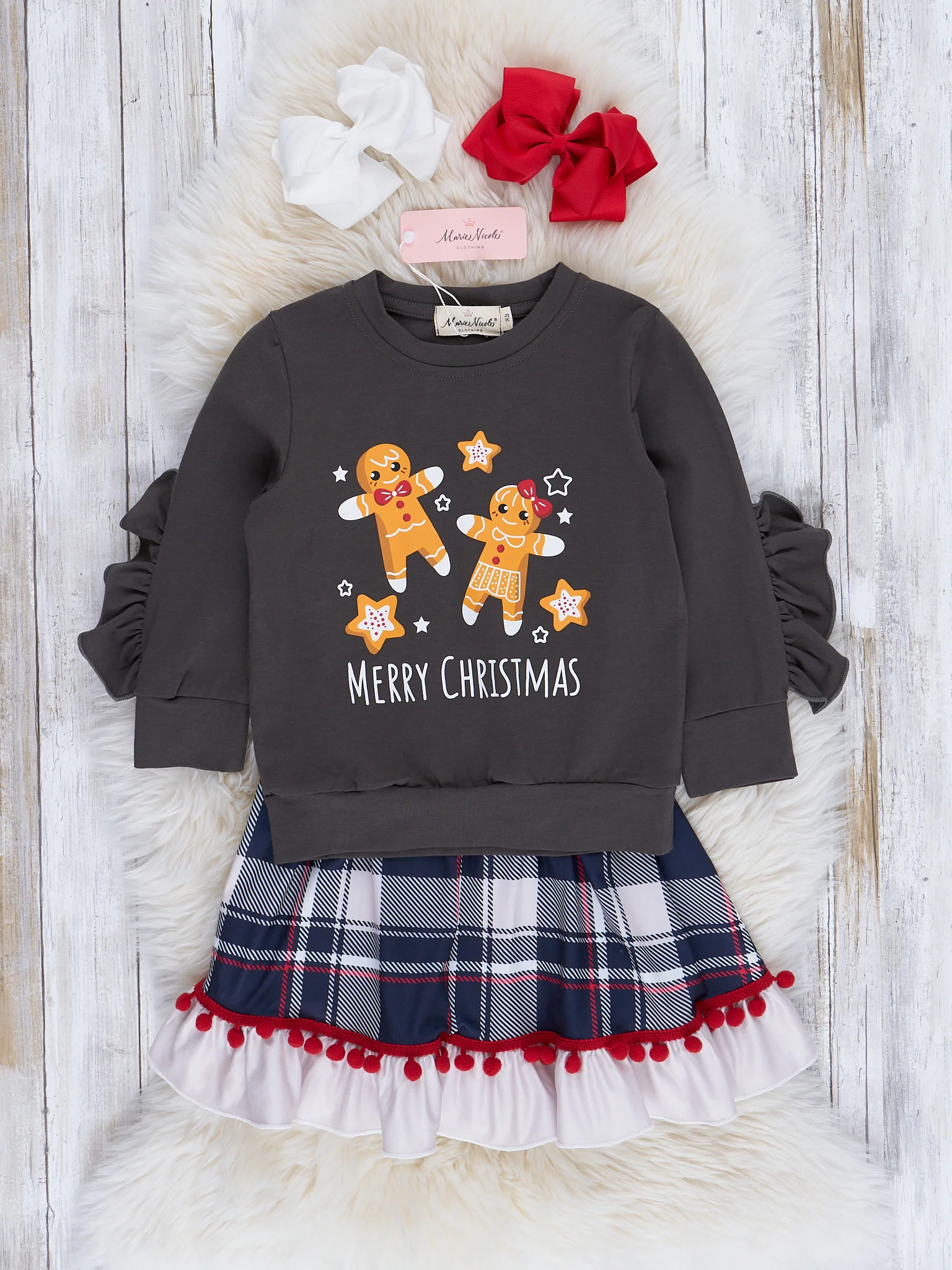 Christmas Gingerbread Plaid Ruffle Outfit w/ Skirt - Image 2