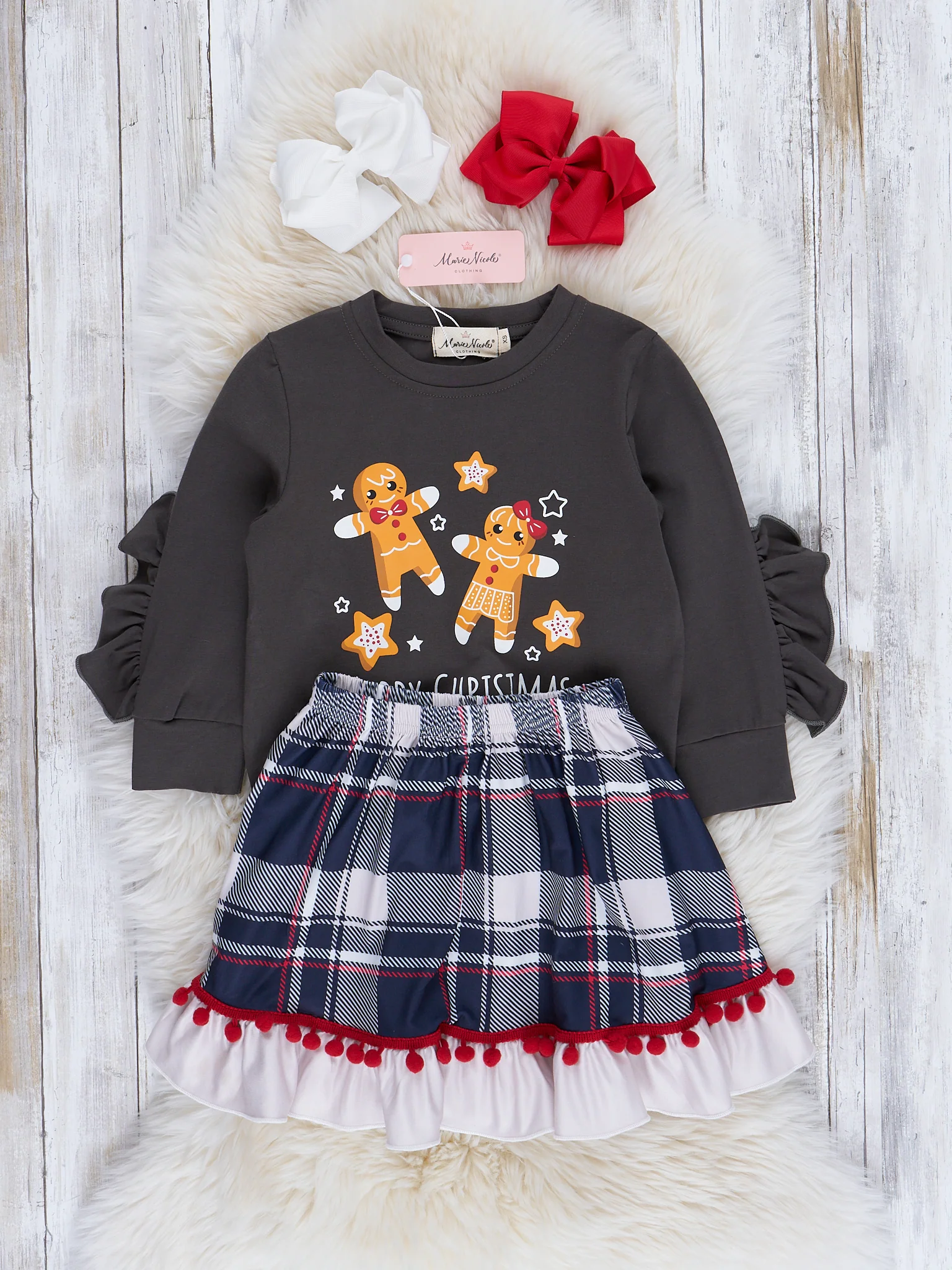 Christmas Gingerbread Plaid Ruffle Outfit w/ Skirt - Image 3