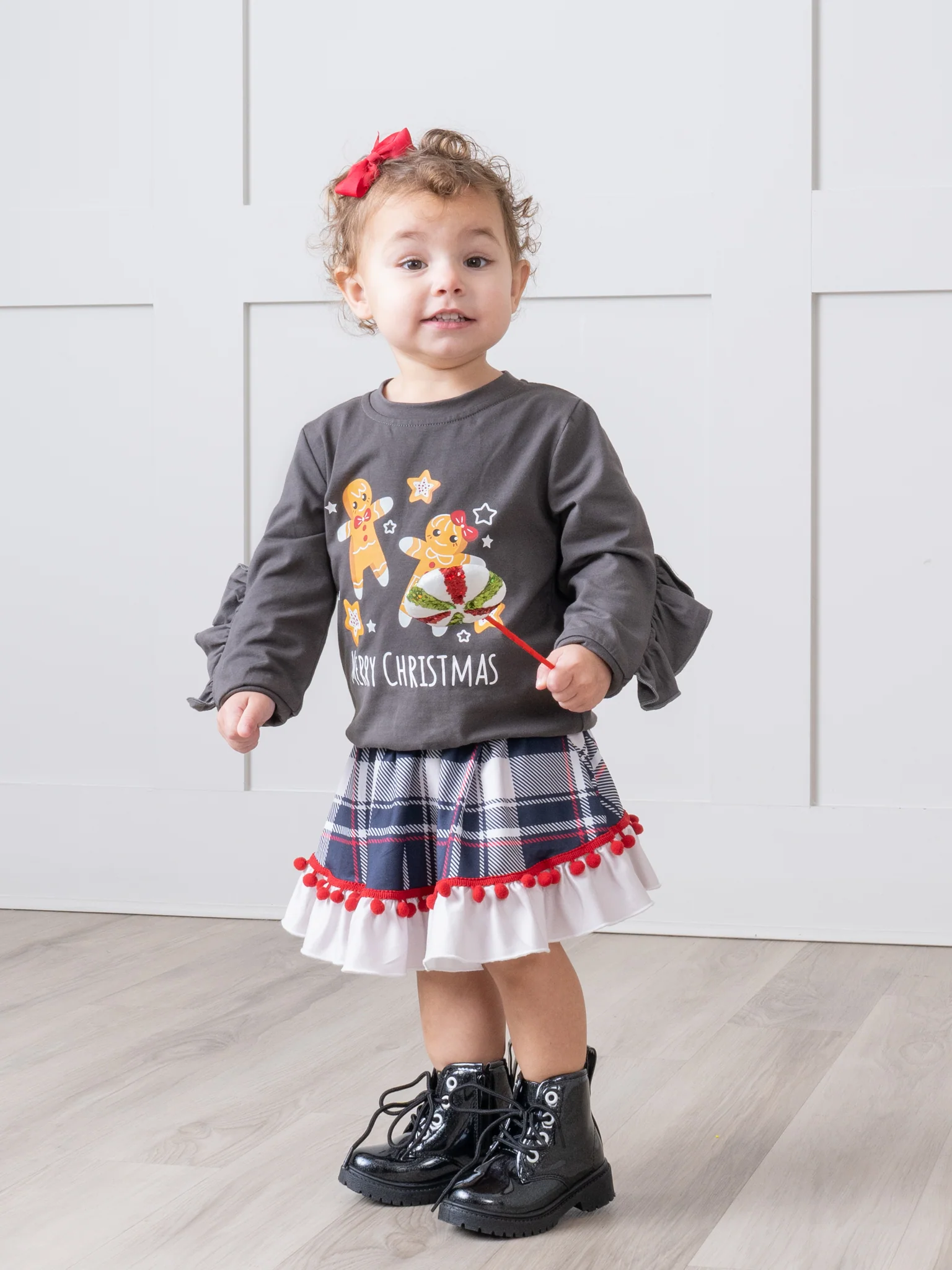 Christmas Gingerbread Plaid Ruffle Outfit w/ Skirt - Image 6