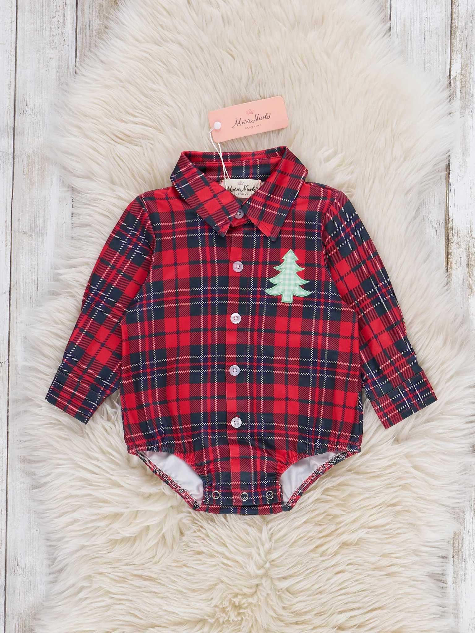 Christmas Tree Lumberjack Embroidered Button-Up Bubble Romper