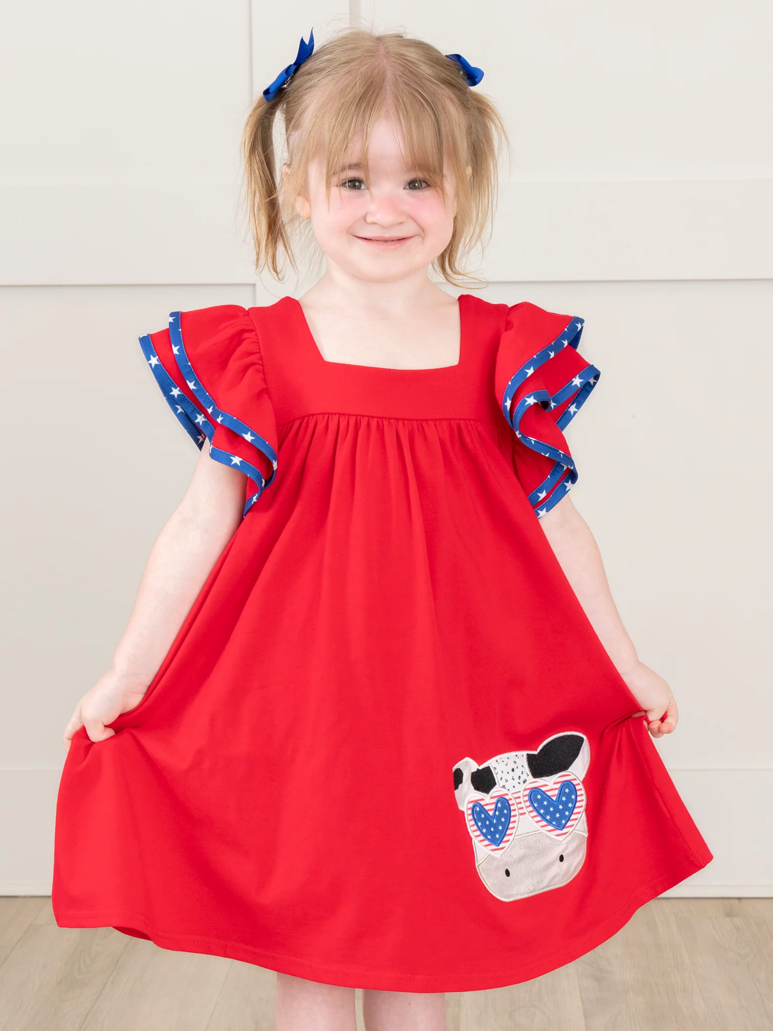 Cool Patriotic Cow Embroidered Ruffle Dress