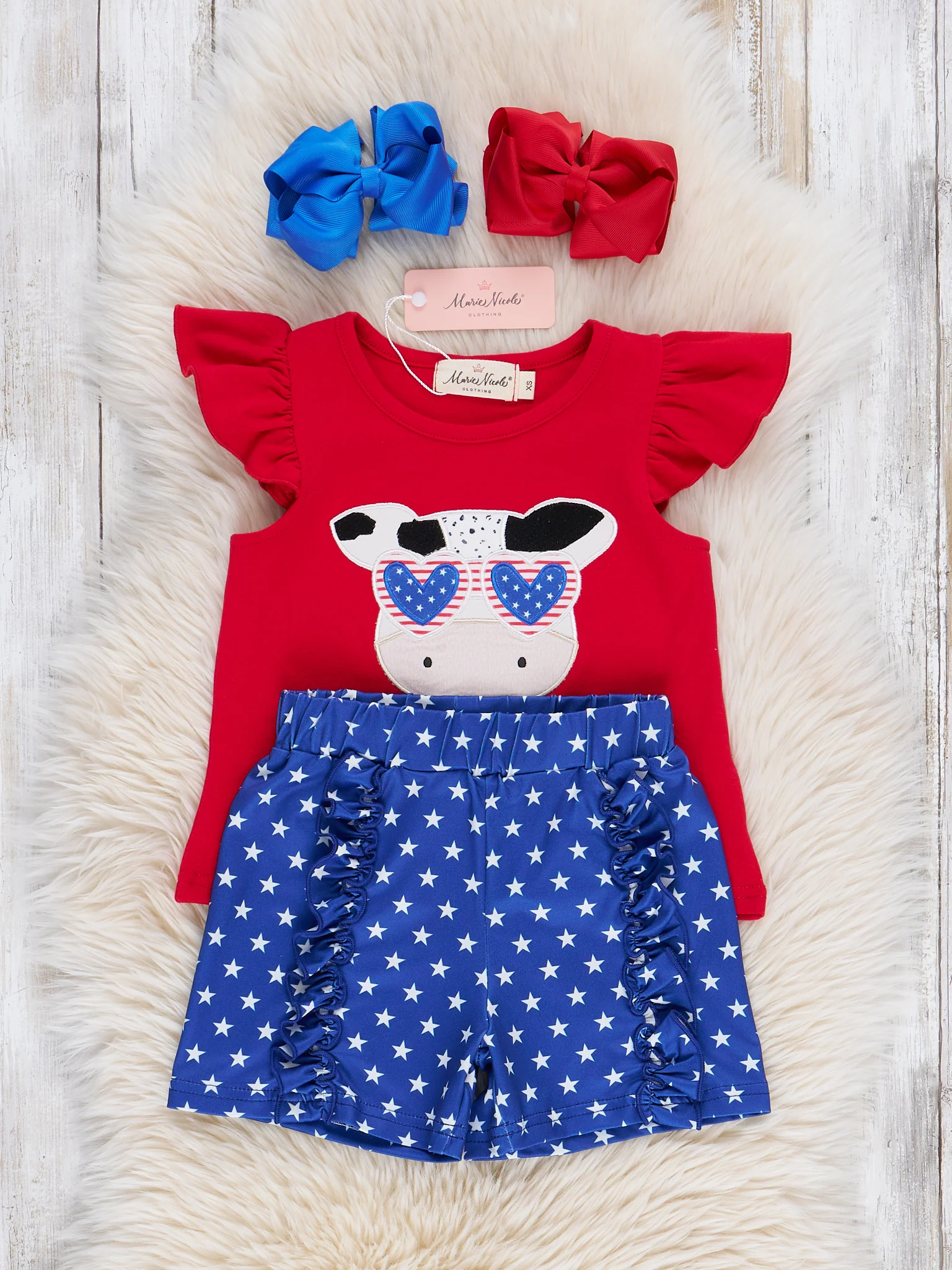 Cool Patriotic Cow Embroidered Ruffle Outfit - Image 3