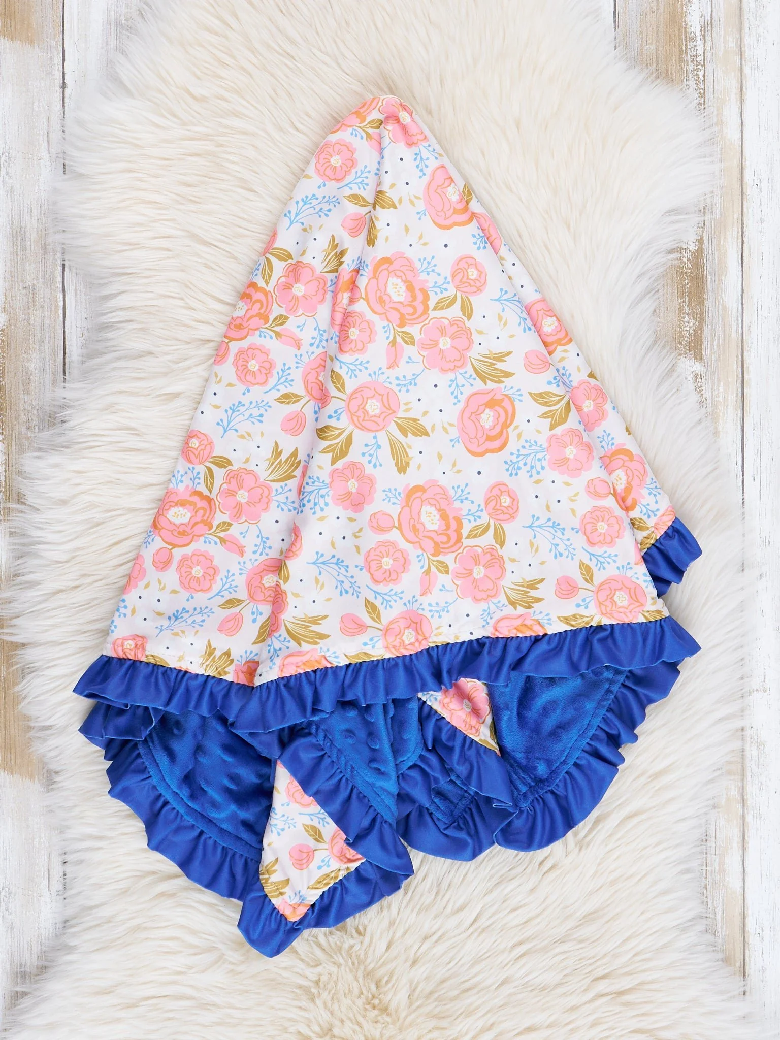 Coral & Blue Rose Garden Ruffle Minky Blanket
