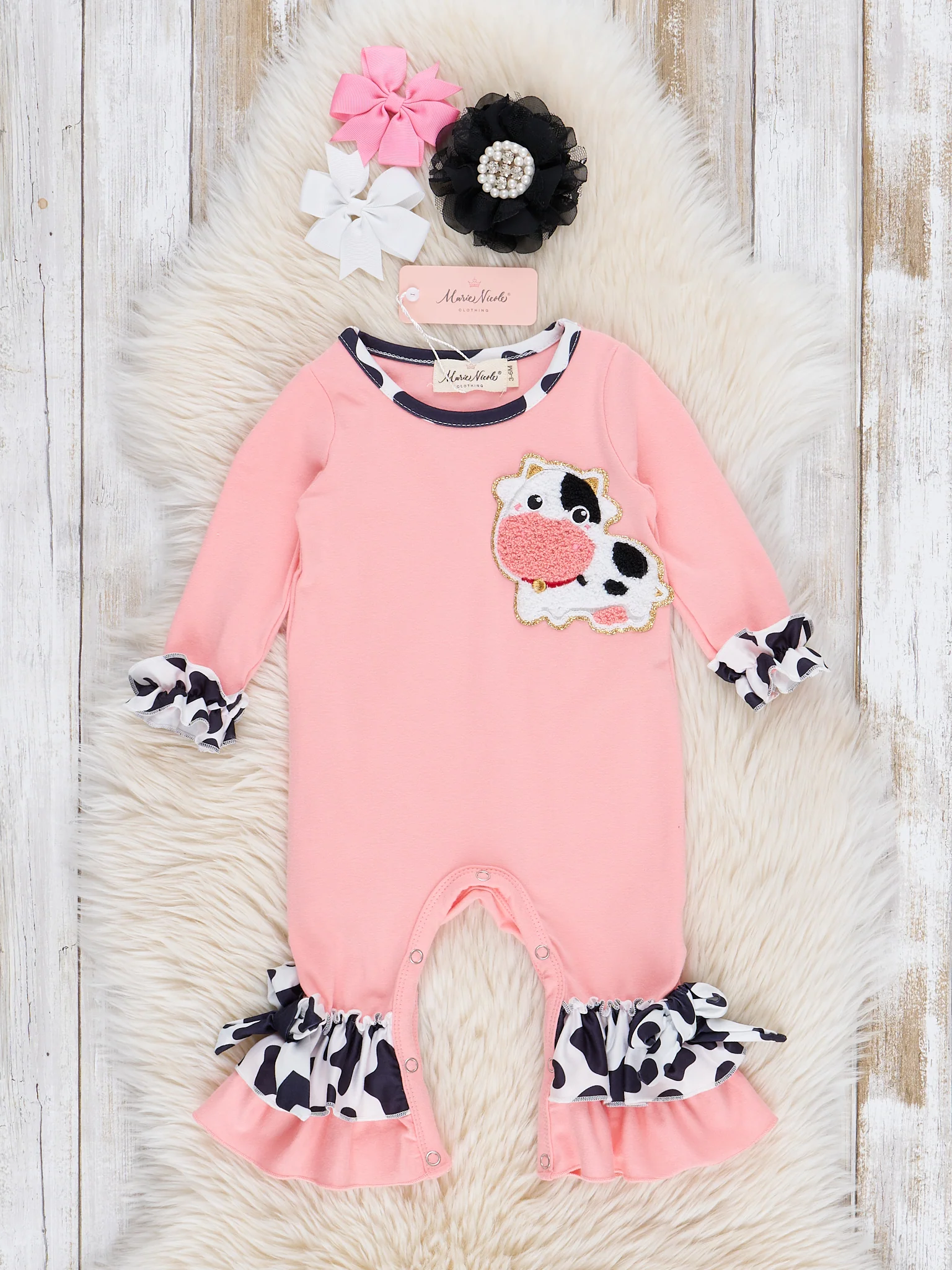 Coral Chenille Cow Ruffle Romper