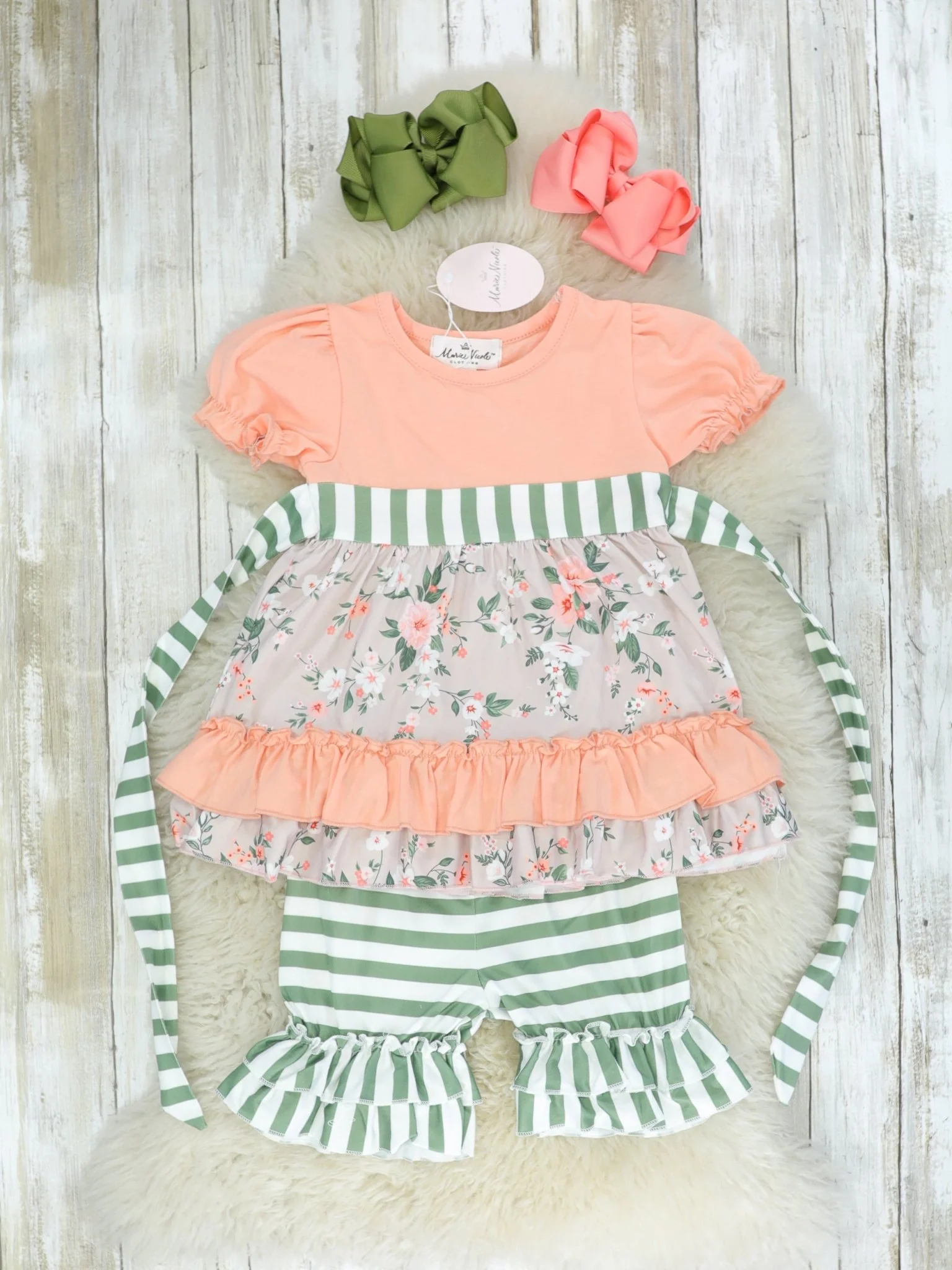 Coral Floral & Green Striped Ruffle Outfit