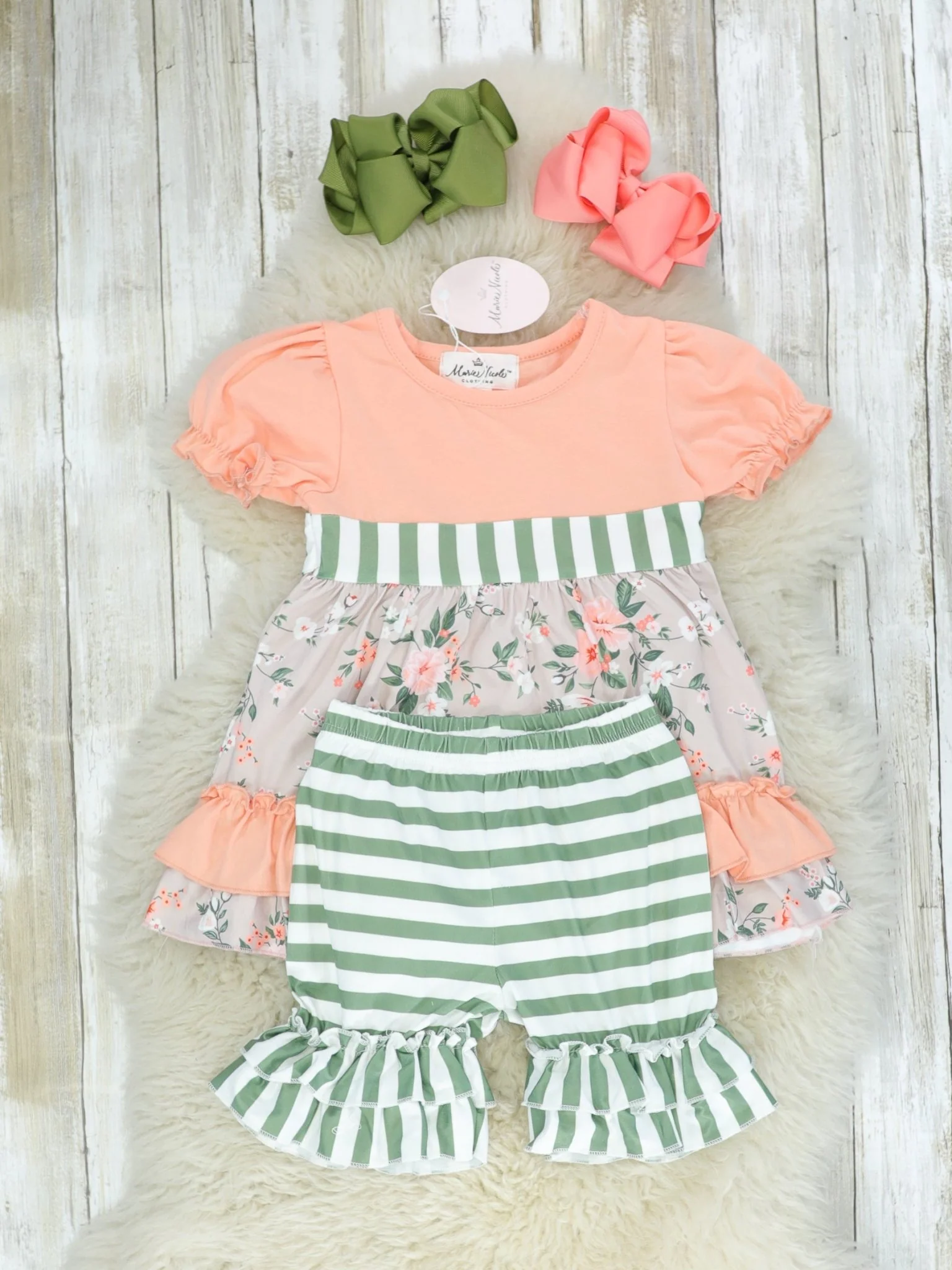 Coral Floral & Green Striped Ruffle Outfit - Image 2
